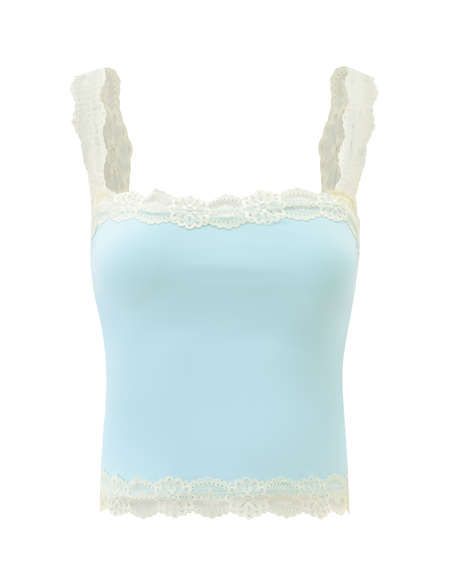The NOVA TOP - BLUE by TIGERMIST is a baby blue fitted tank with floral lace straps and delicate white lace trim on the square neckline and hem, shown against a plain white background.