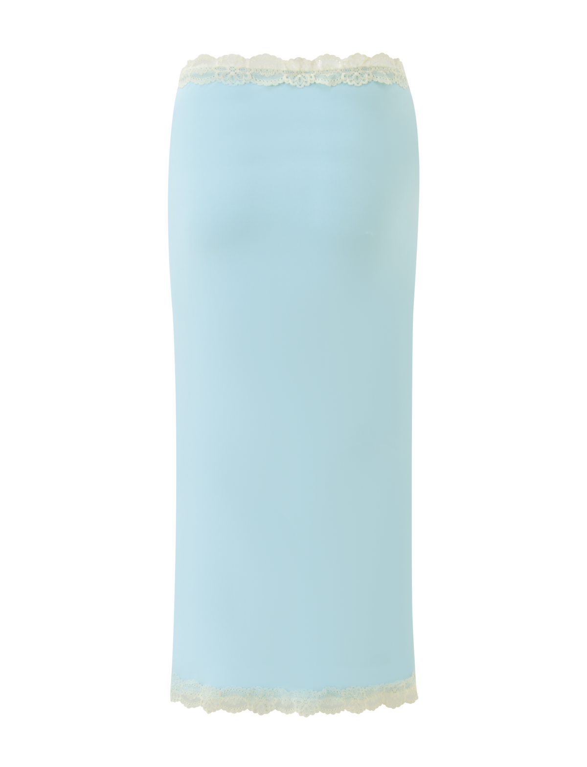 The TIGERMIST NOVA MIDI SKIRT - BLUE features white lace trim on the top and bottom edges, a subtle floral lace waistband, and is showcased against a plain white background.
