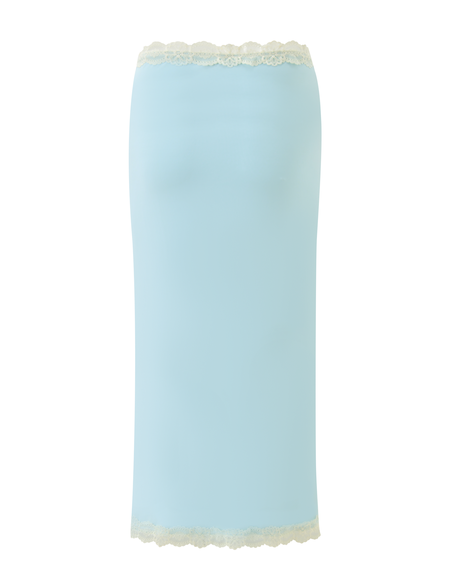 The TIGERMIST NOVA MIDI SKIRT - BLUE features white lace trim on the top and bottom edges, a subtle floral lace waistband, and is showcased against a plain white background.