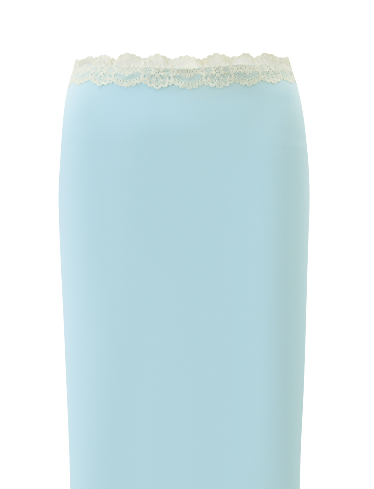The TIGERMIST NOVA MIDI SKIRT in blue features a scalloped floral lace waistband and is displayed against a plain white background.