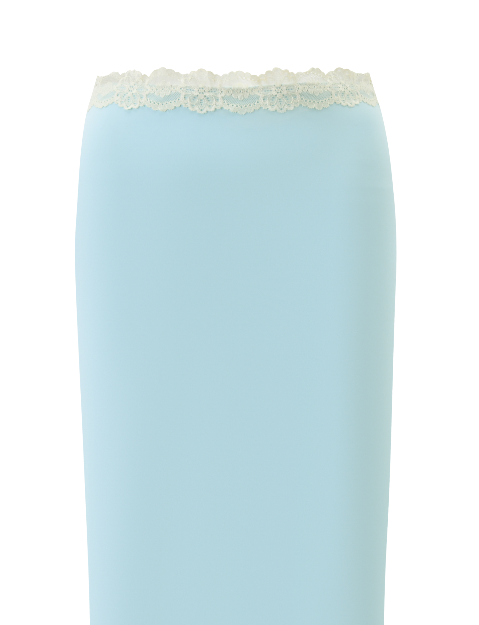 The TIGERMIST NOVA MIDI SKIRT in blue features a scalloped floral lace waistband and is displayed against a plain white background.