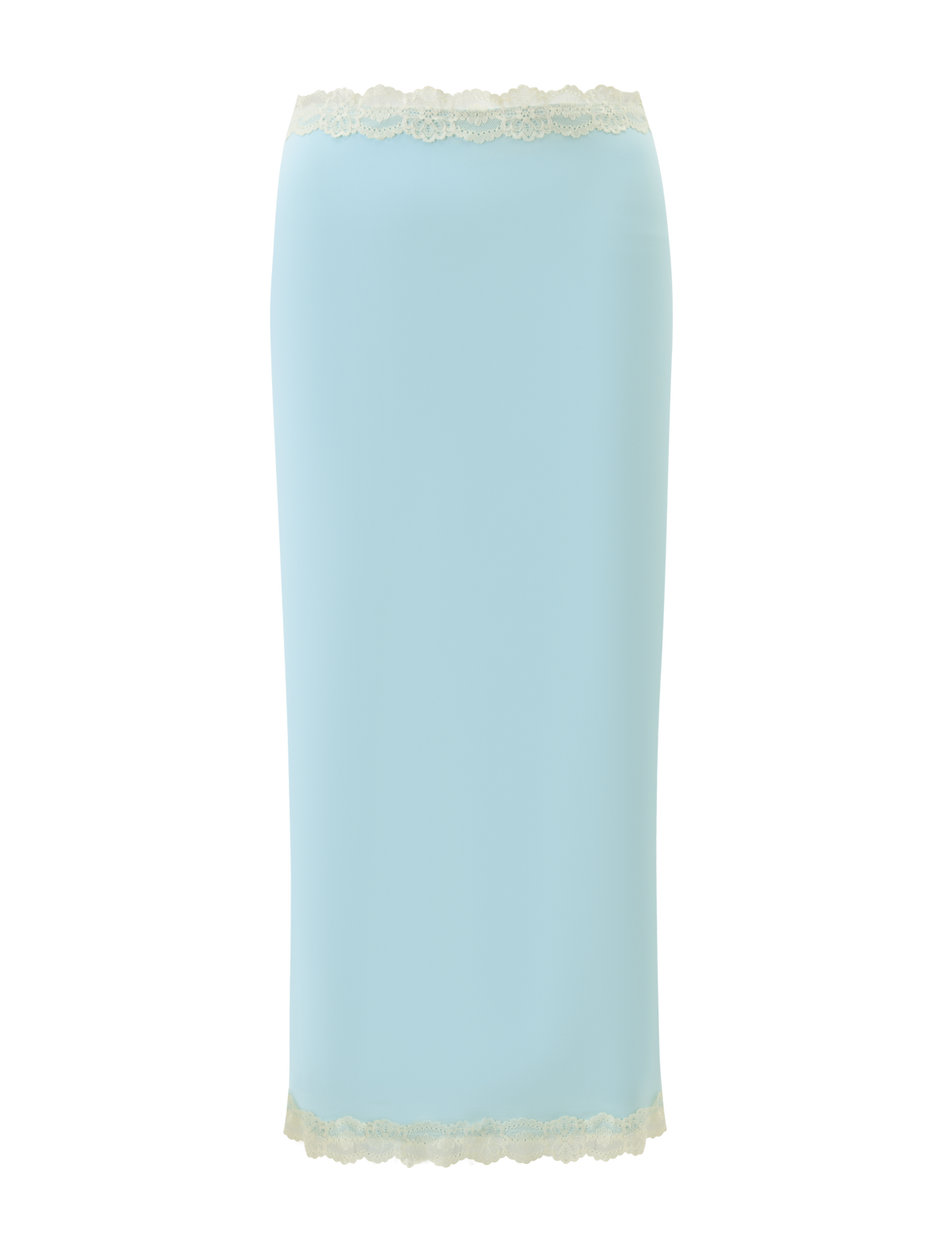 The NOVA MIDI SKIRT - BLUE by TIGERMIST is a high-waisted, fitted midi skirt in baby blue featuring a straight silhouette, floral lace waistband, and matching lace trim at the hem.