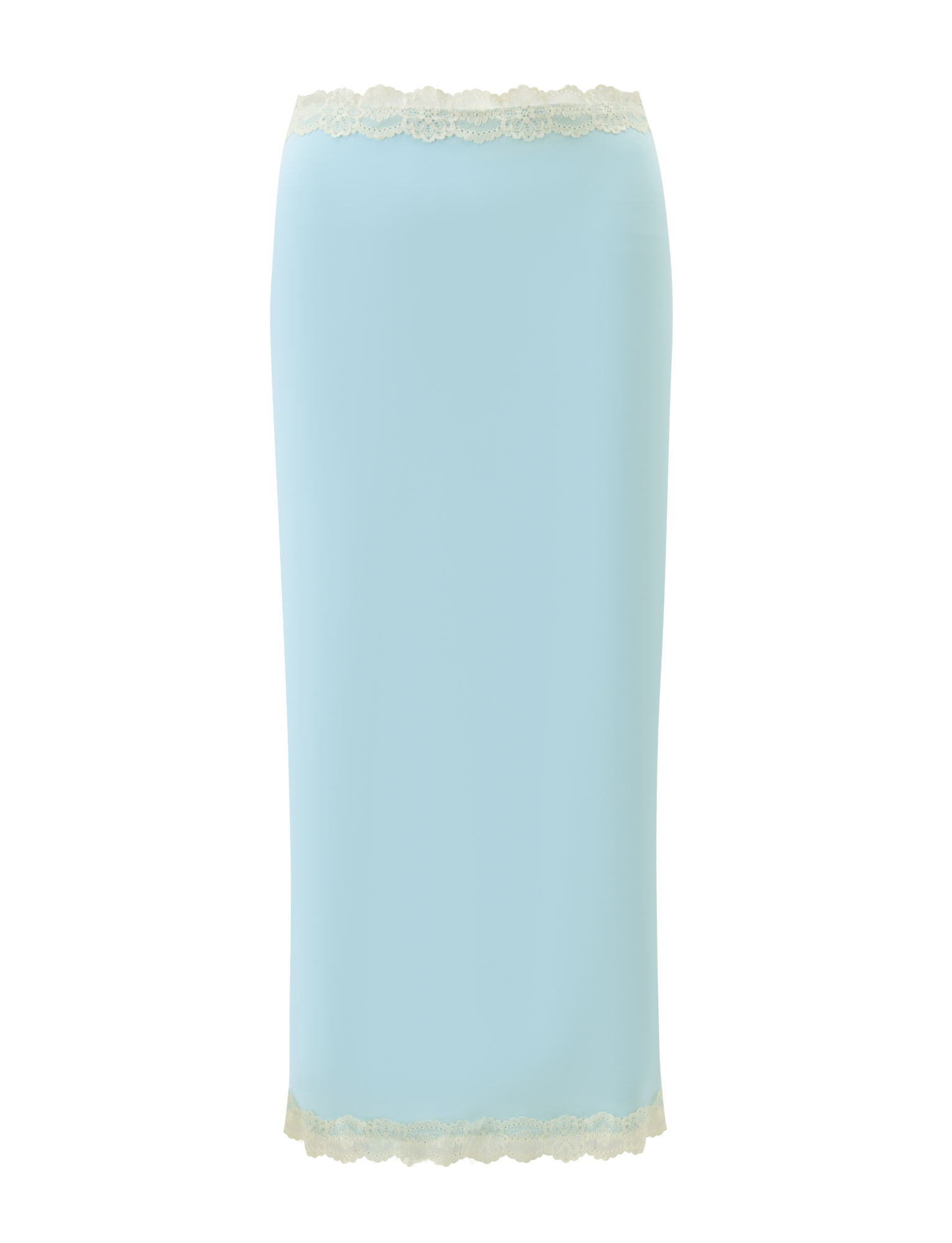 The NOVA MIDI SKIRT - BLUE by TIGERMIST is a high-waisted, fitted midi skirt in baby blue featuring a straight silhouette, floral lace waistband, and matching lace trim at the hem.