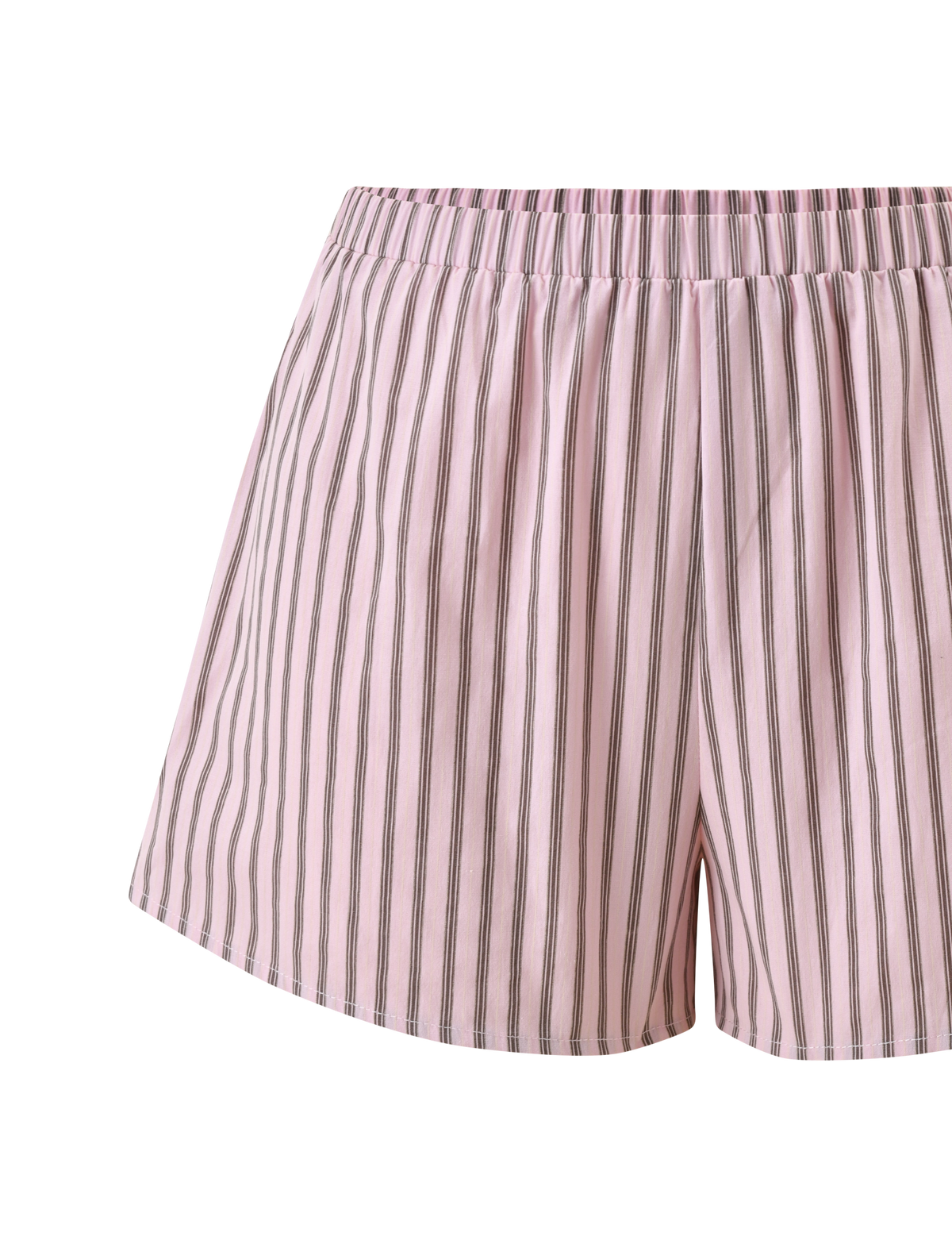 The TIGERMIST EZRA SHORT - PINK STRIPE features a high-waisted fit with an elastic waistband and bold vertical black and white pinstripes, shown against a white background.
