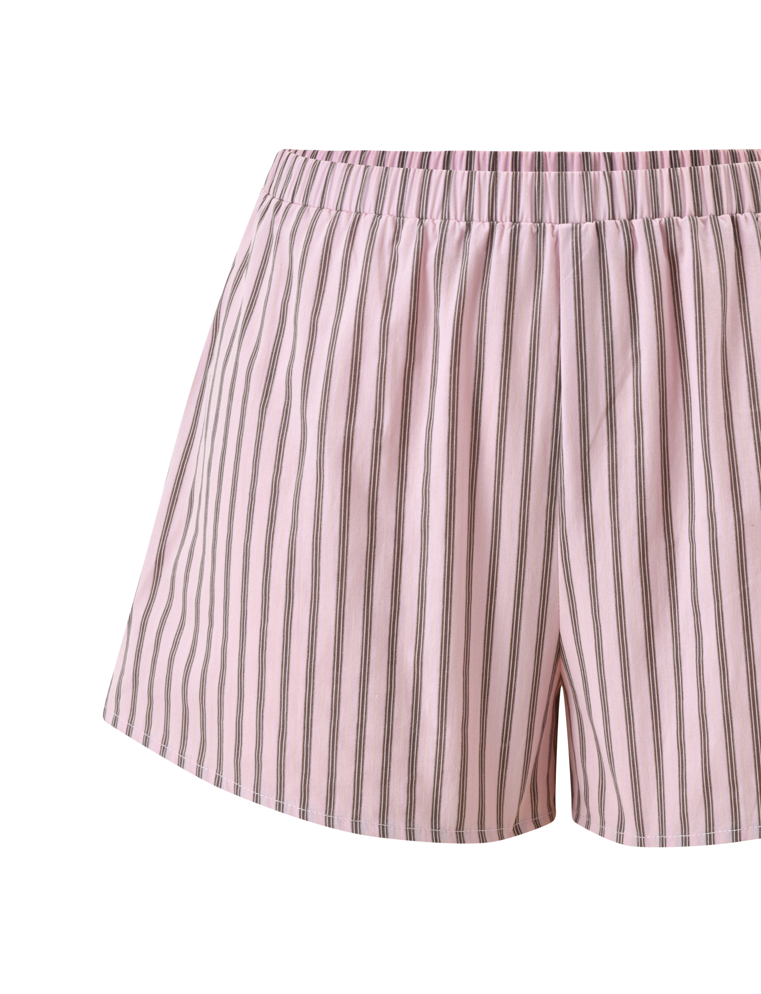 The TIGERMIST EZRA SHORT - PINK STRIPE features a high-waisted fit with an elastic waistband and bold vertical black and white pinstripes, shown against a white background.