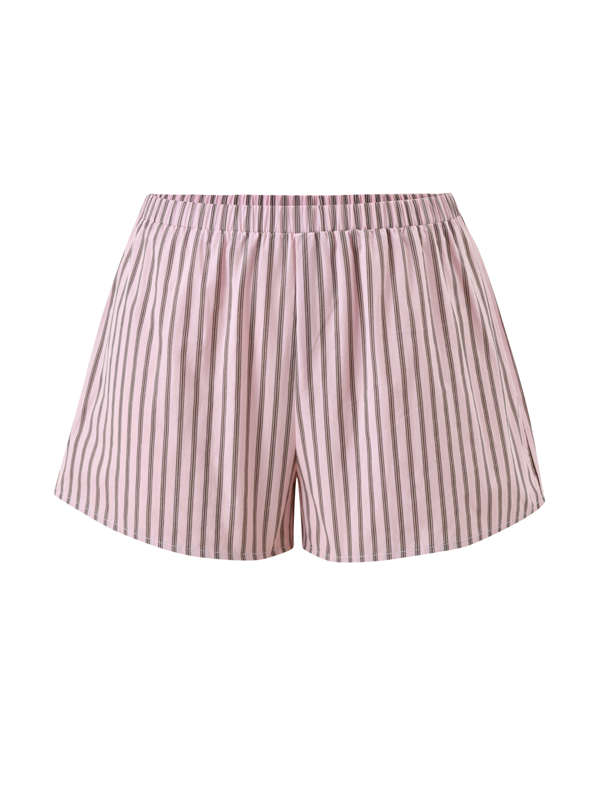 The EZRA SHORT - PINK STRIPE by TIGERMIST features pink and white pinstripes, an elastic waistband, and a high-waisted fit, showcased against a plain white background.