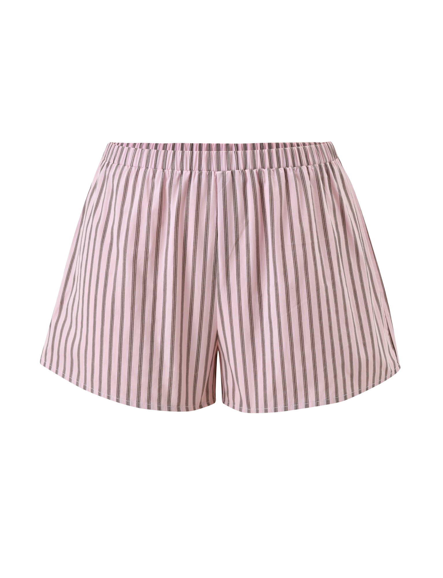 The EZRA SHORT - PINK STRIPE by TIGERMIST features pink and white pinstripes, an elastic waistband, and a high-waisted fit, showcased against a plain white background.