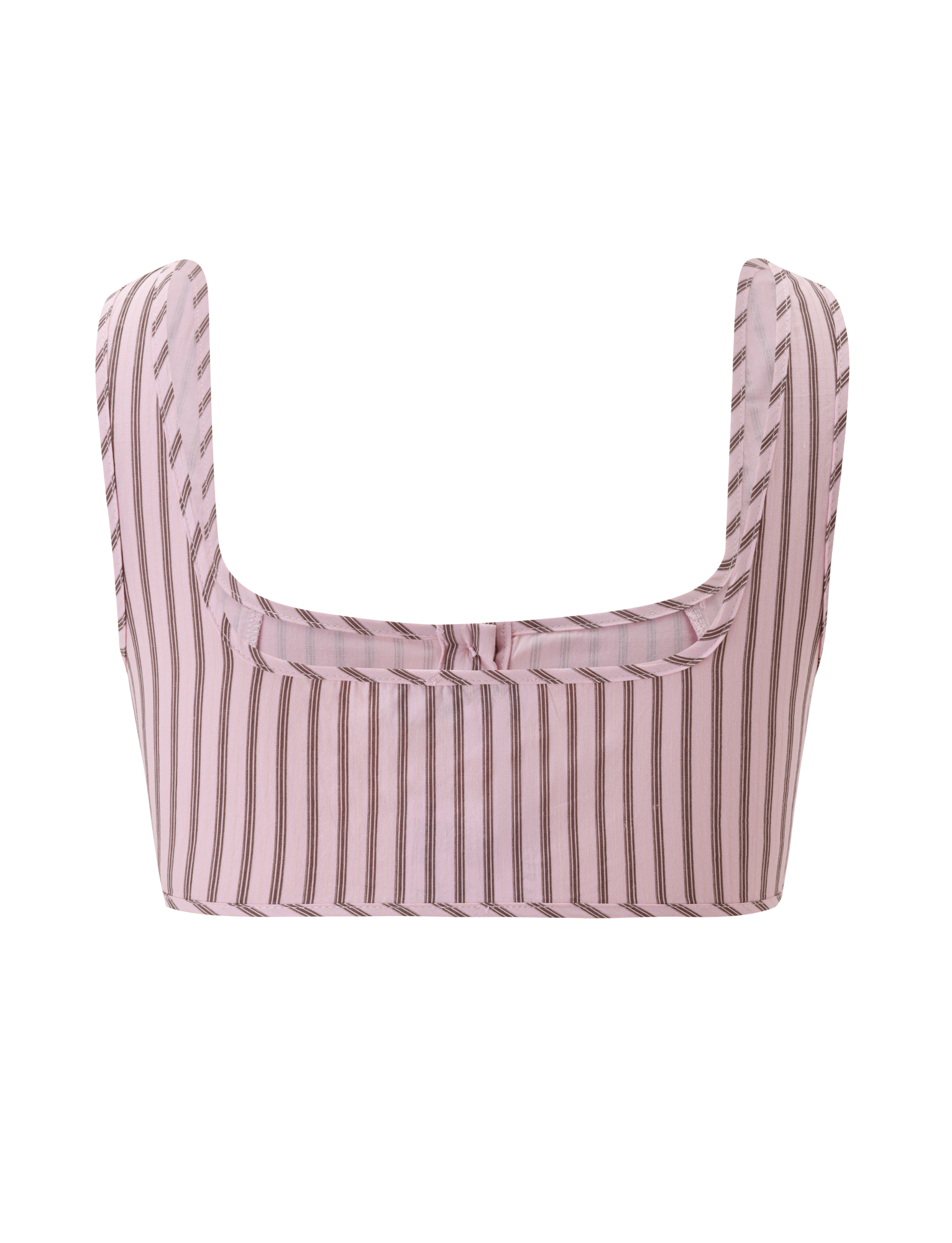 The EZRA TOP - PINK STRIPE by TIGERMIST features wide straps, a square neckline, and vertical brown pinstripes—ideal for a vintage look when paired with the matching Ezra Short. Shown against a plain white background.