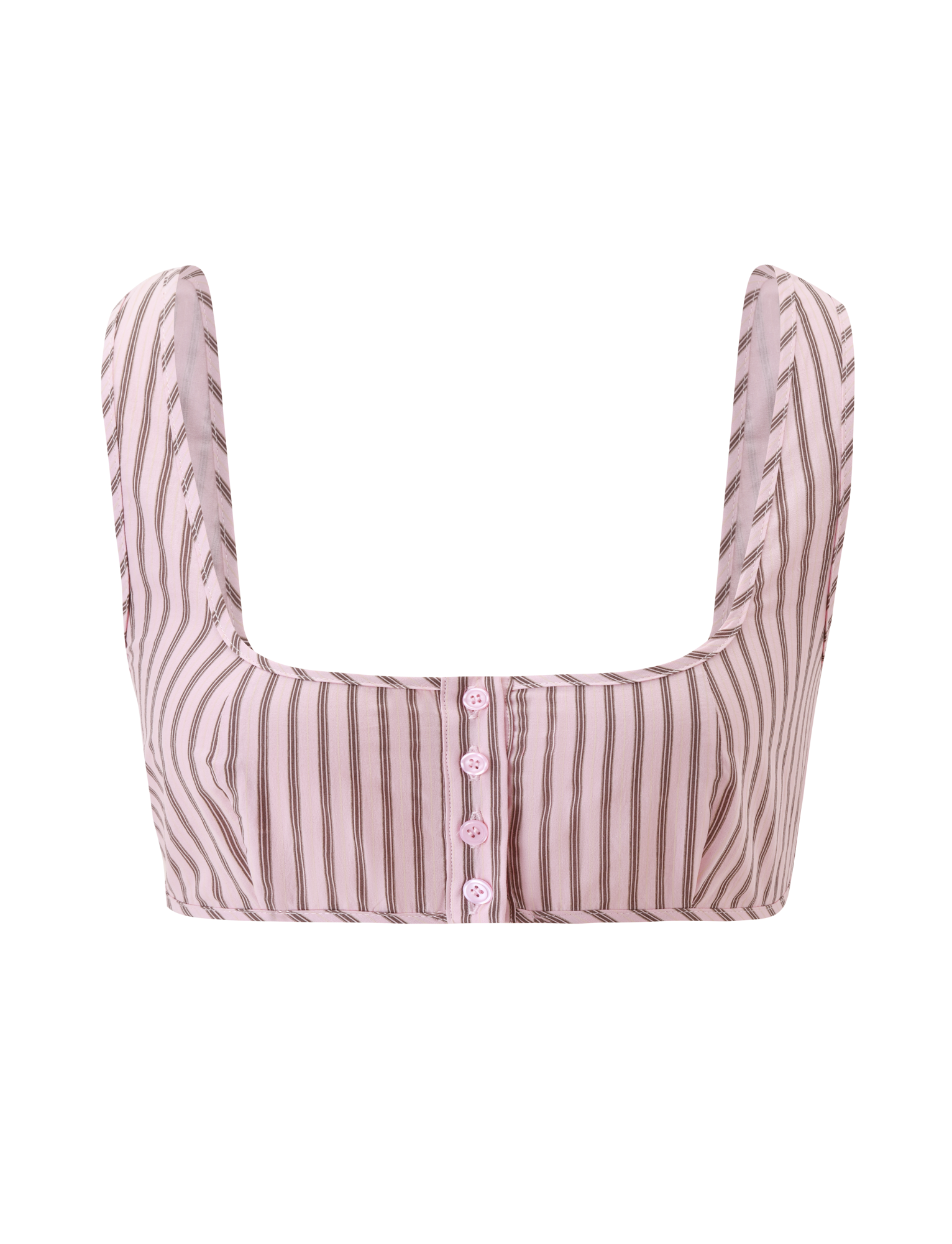 The TIGERMIST EZRA TOP - PINK STRIPE is a vintage-inspired crop top with wide straps, vertical pink and white stripes, and four pink buttons. Pair it with the matching Ezra Short for a coordinated look. Shown on a plain white background.