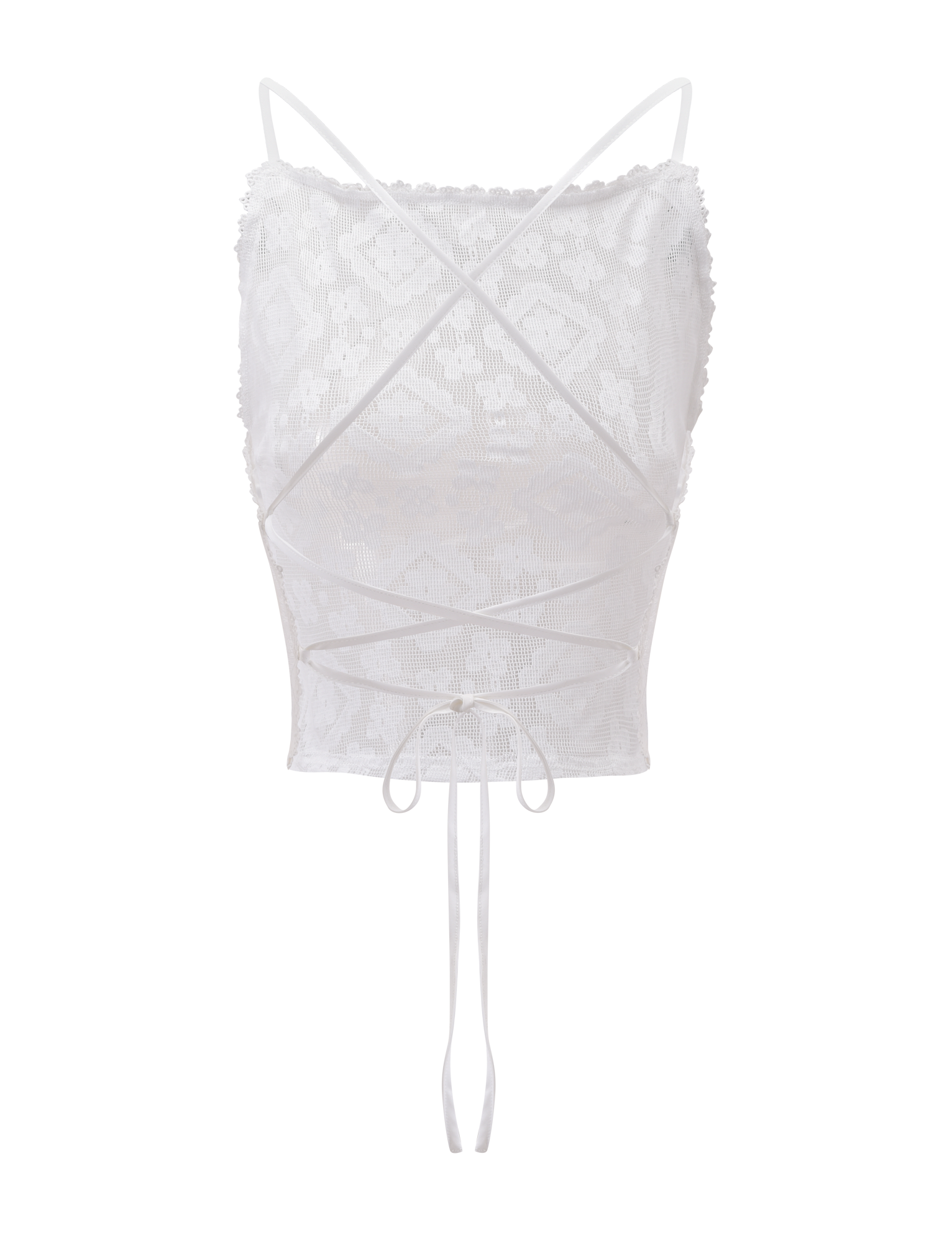 The JESIRA TOP by TIGERMIST is an off-white, fitted lace-up top with thin spaghetti straps, crisscross wraparound ties, and a delicate floral pattern.