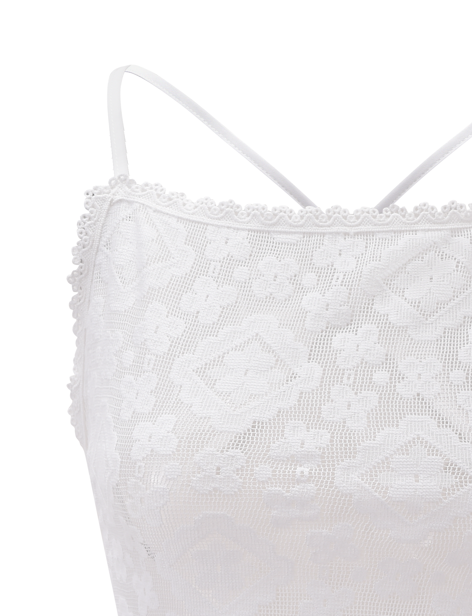 Close-up of the JESIRA TOP by TIGERMIST in off white, showcasing thin spaghetti straps, delicate floral and geometric jacquard lace, and a scalloped neckline trim.