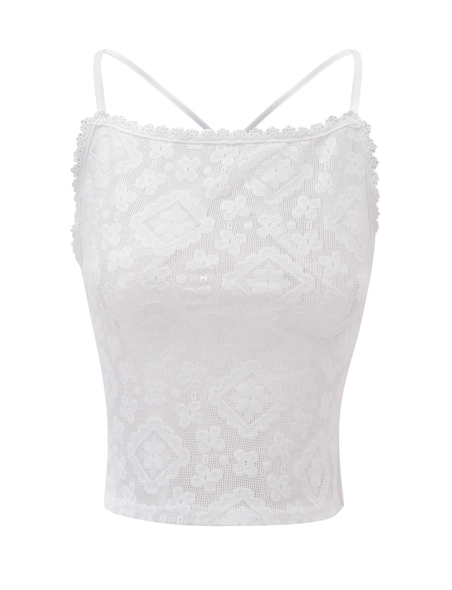 The JESIRA TOP - OFF WHITE by TIGERMIST is a white jacquard lace camisole with thin spaghetti straps, featuring floral and geometric patterns and scalloped lace trim on the neckline and sides, shown on a plain white background.