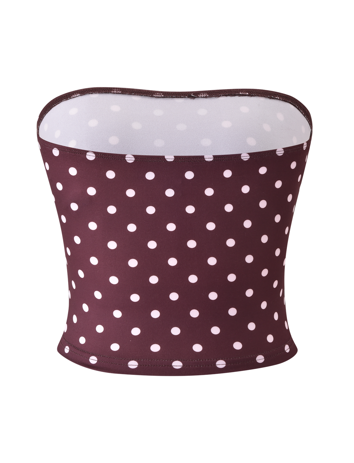 The TIGERMIST VALI POLKA DOT TOP - CHOCOLATE PINK DOT is a fitted, strapless tube top with pink polka dots on a chocolate base, displayed against a plain white background.