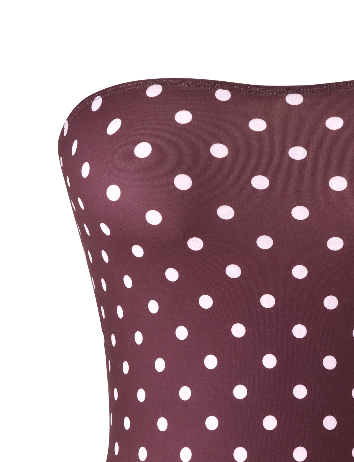 A close-up of the TIGERMIST VALI POLKA DOT TOP in chocolate with pink dots, styled strapless against a plain white background.