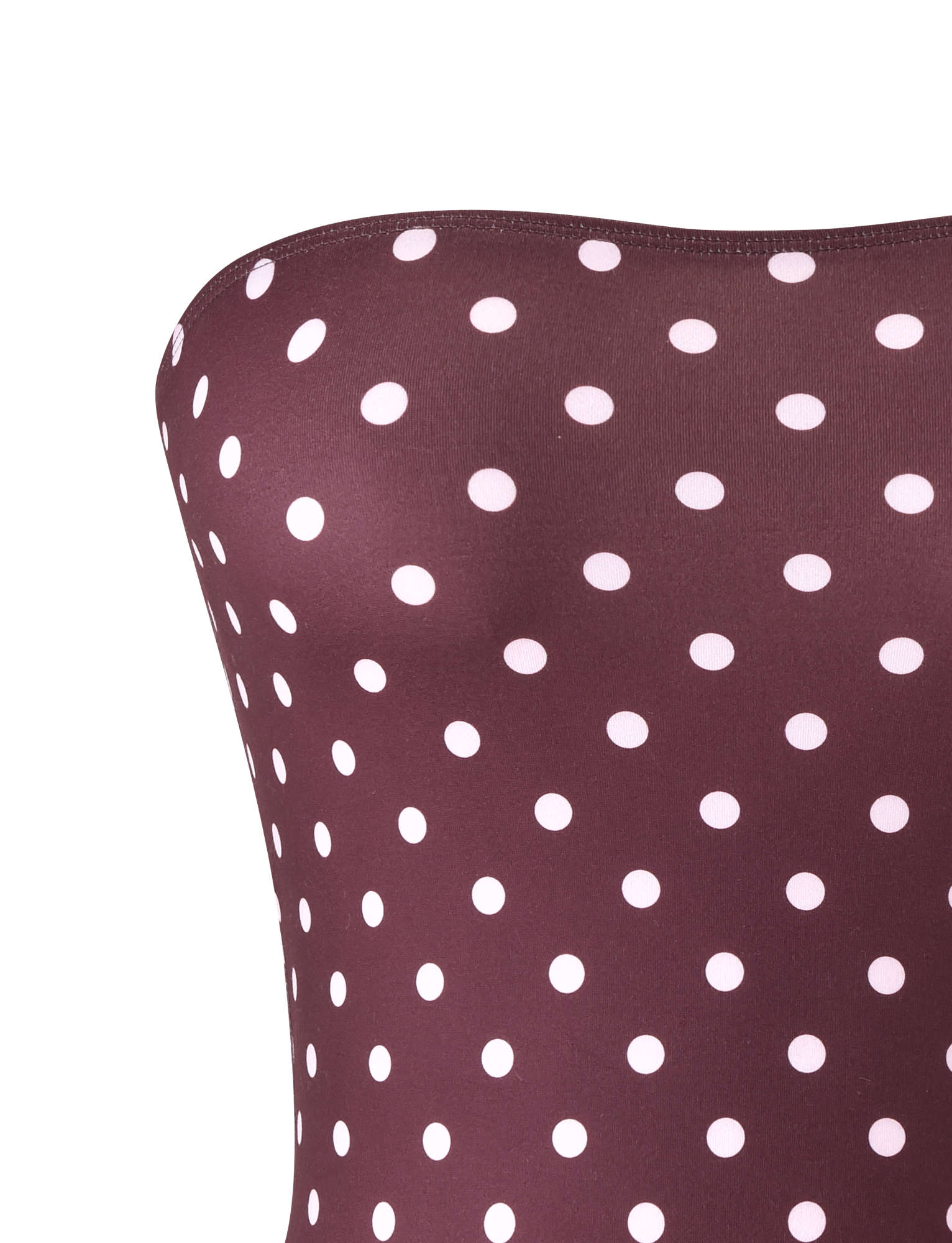 A close-up of the TIGERMIST VALI POLKA DOT TOP in chocolate with pink dots, styled strapless against a plain white background.
