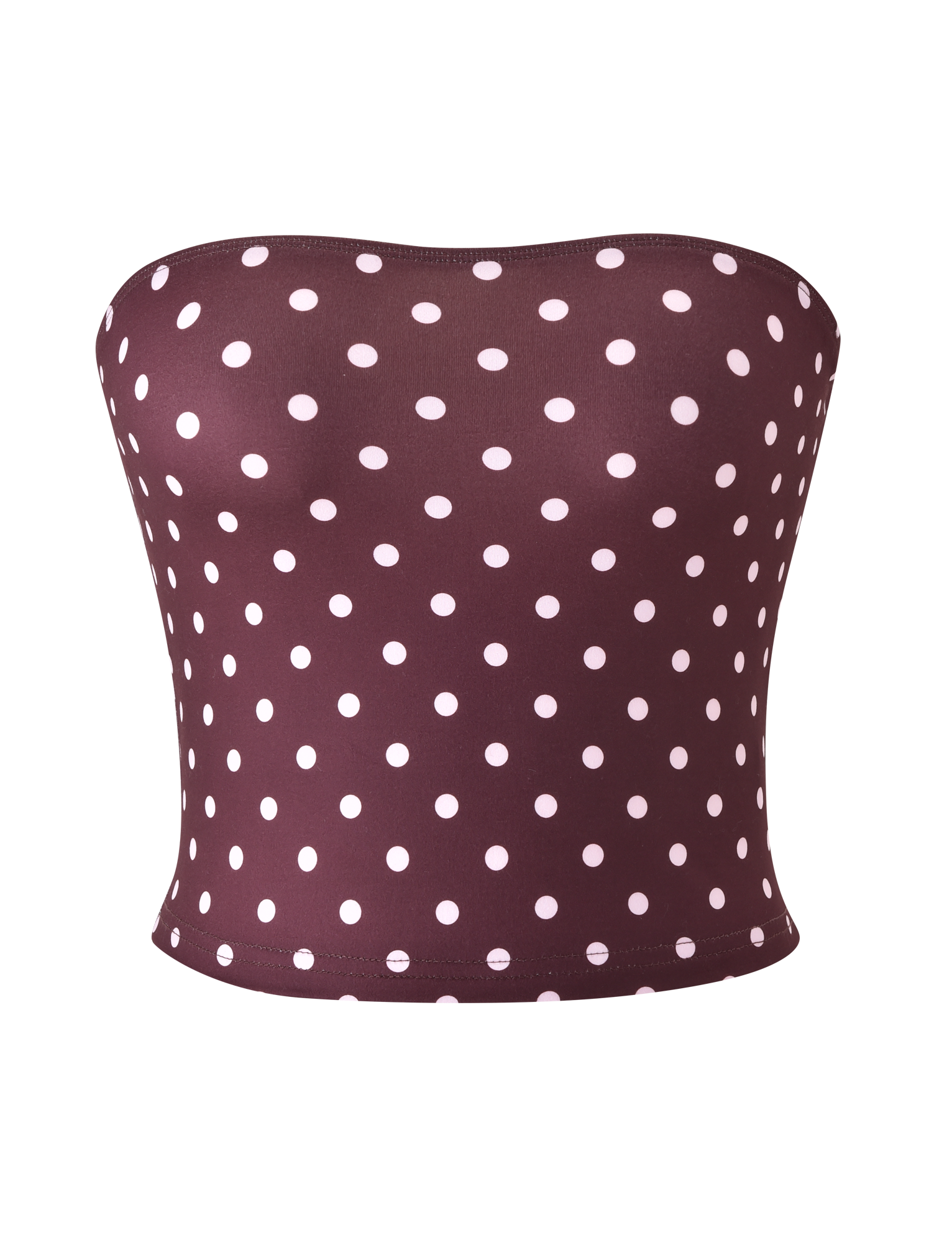 The TIGERMIST VALI POLKA DOT TOP - CHOCOLATE PINK DOT is a strapless, fitted tube top with a dark chocolate base and pink polka dots, shown against a plain white background.