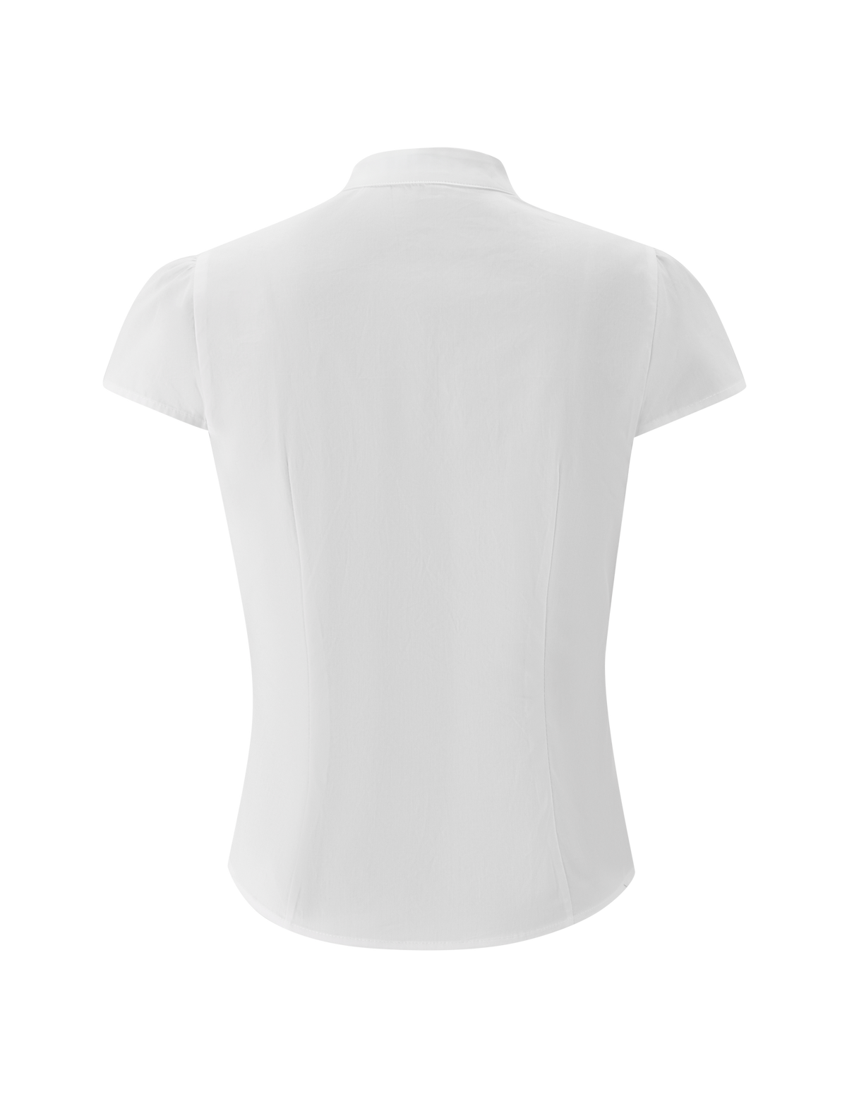 Back view of the TIGERMIST VIOLA SHIRT in white, featuring short sleeves, a collared neckline, and princess seams for a fitted silhouette, displayed against a plain white background.