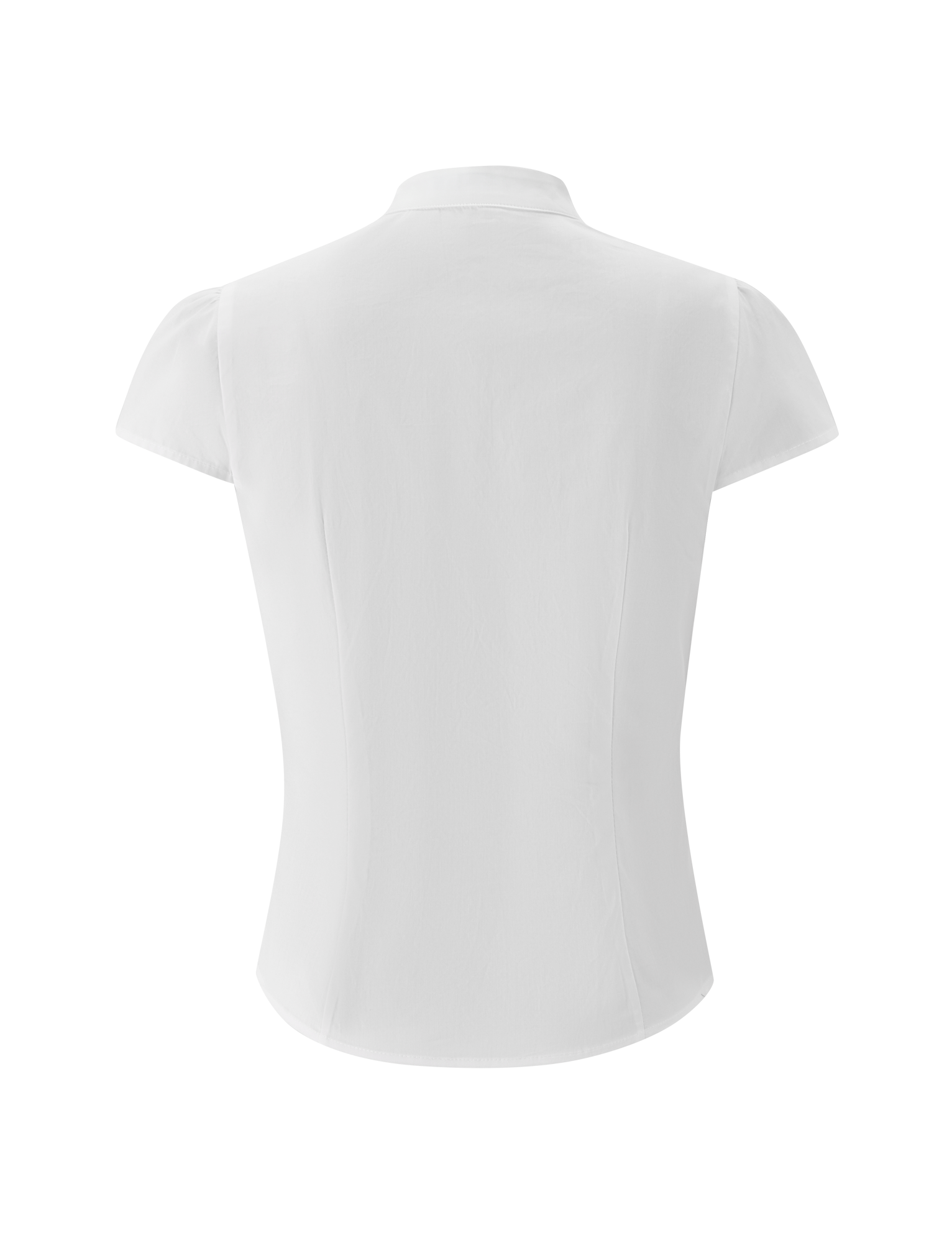 Back view of the TIGERMIST VIOLA SHIRT in white, featuring short sleeves, a collared neckline, and princess seams for a fitted silhouette, displayed against a plain white background.