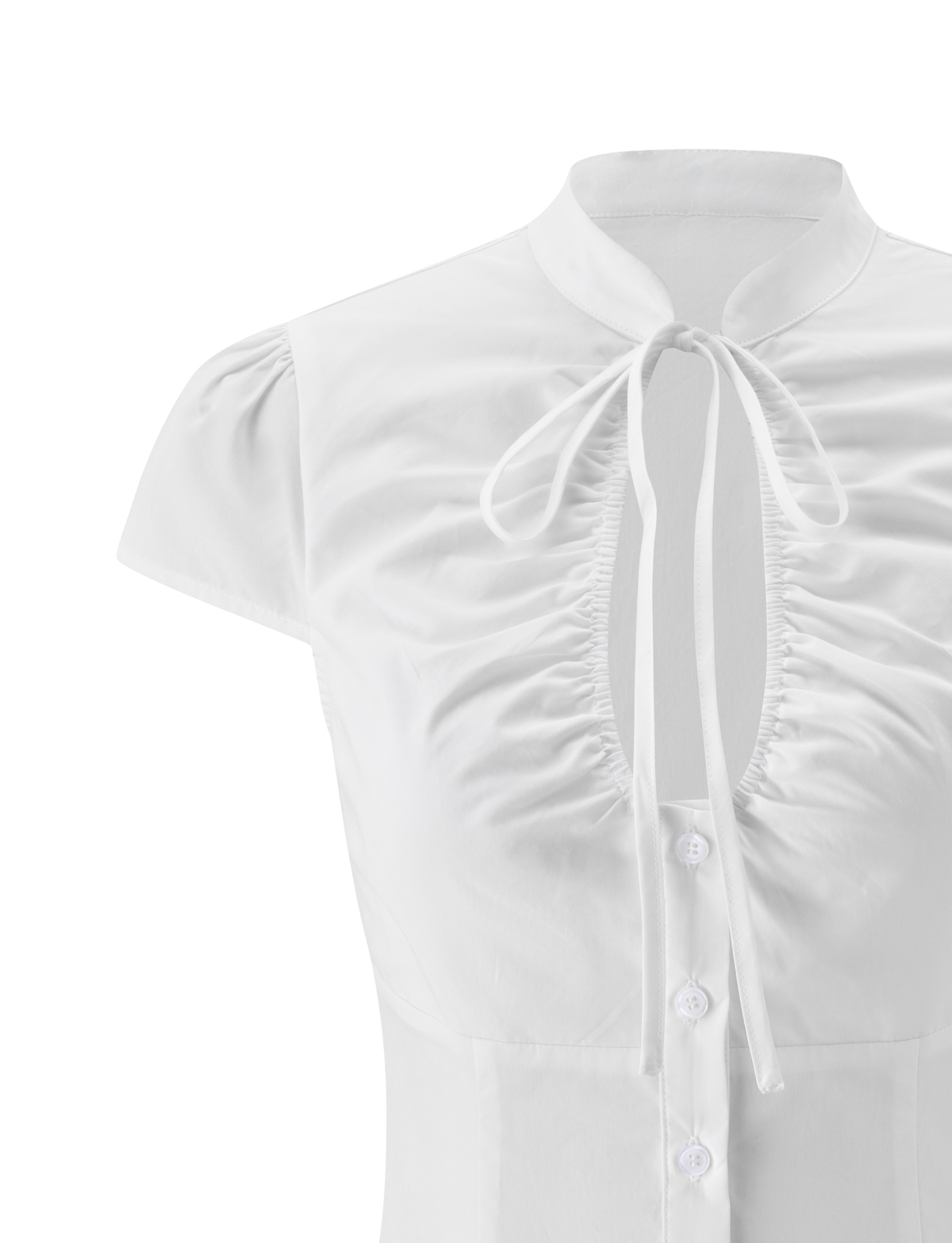 The VIOLA SHIRT - WHITE by TIGERMIST is a white short-sleeve blouse with a ruched front, button-down closure, and a keyhole neckline tied in a bow at the Mandarin collar.