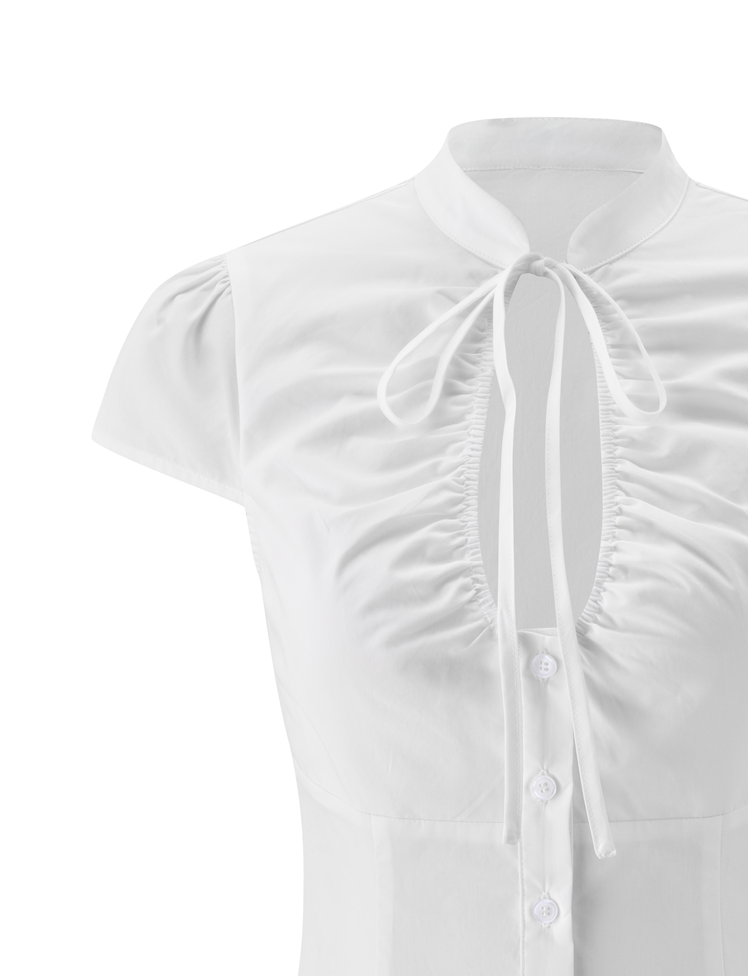 The VIOLA SHIRT - WHITE by TIGERMIST is a white short-sleeve blouse with a ruched front, button-down closure, and a keyhole neckline tied in a bow at the Mandarin collar.