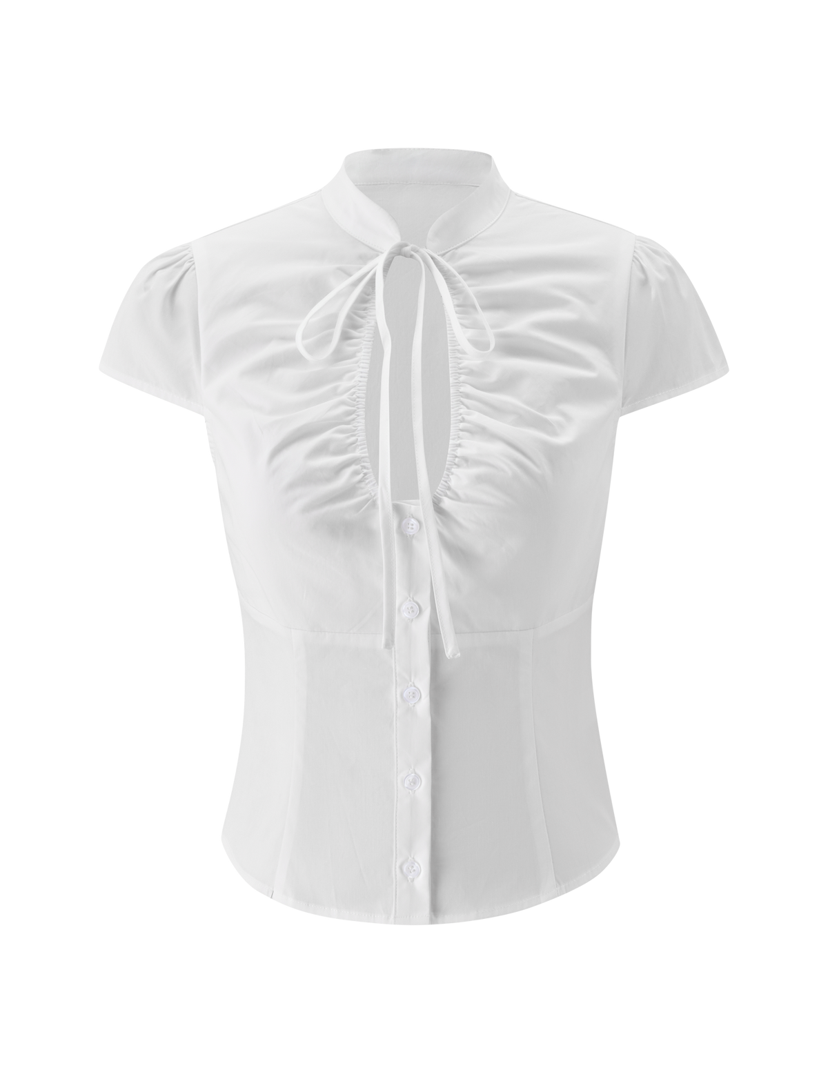 The VIOLA SHIRT - WHITE by TIGERMIST is a white short-sleeve button-down blouse with a ruched front, princess seams, keyhole neckline, and mandarin collar tie, shown against a plain white background.