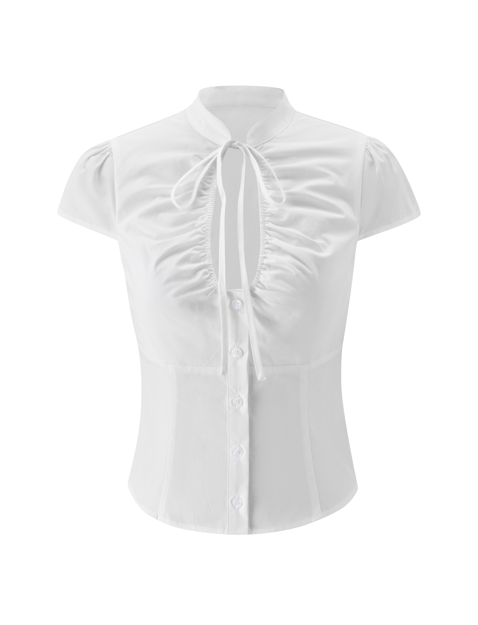 The VIOLA SHIRT - WHITE by TIGERMIST is a white short-sleeve button-down blouse with a ruched front, princess seams, keyhole neckline, and mandarin collar tie, shown against a plain white background.