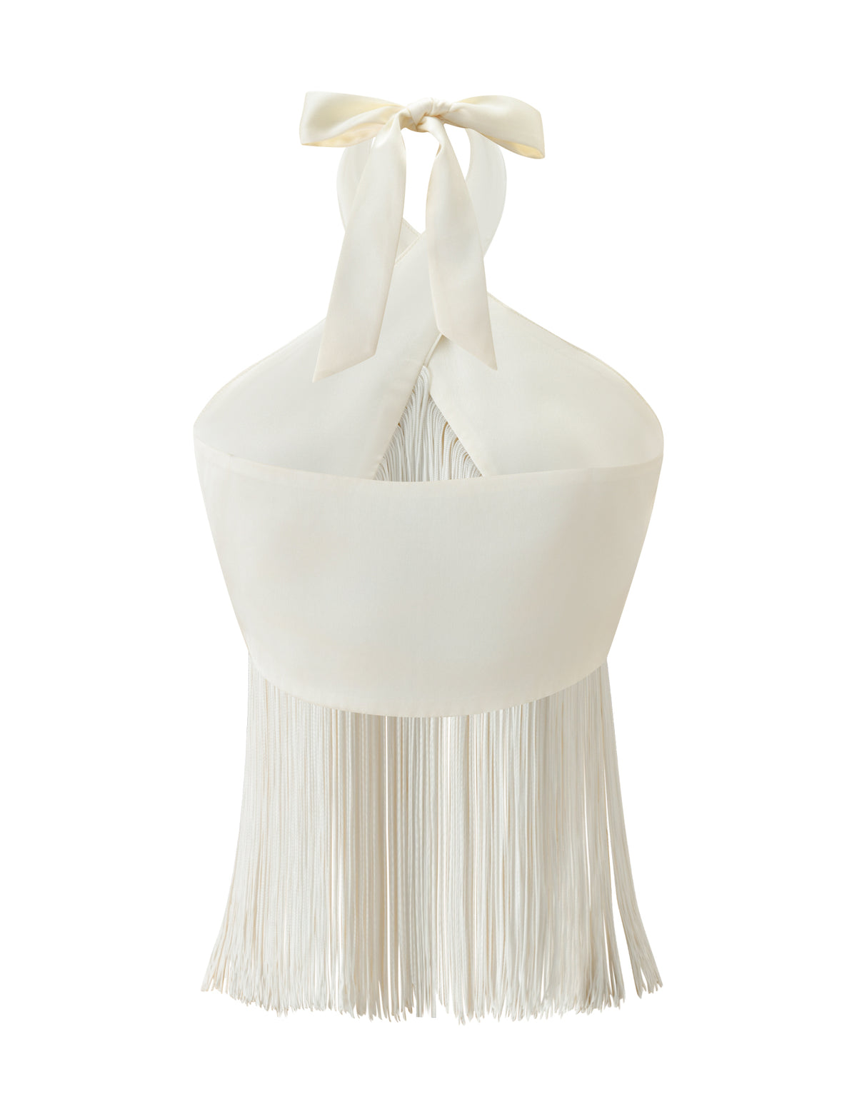 ALINDA TOP - CREAM halter top featuring a criss-cross wrap neckline, a tie-neck closure, and long fringe trim.