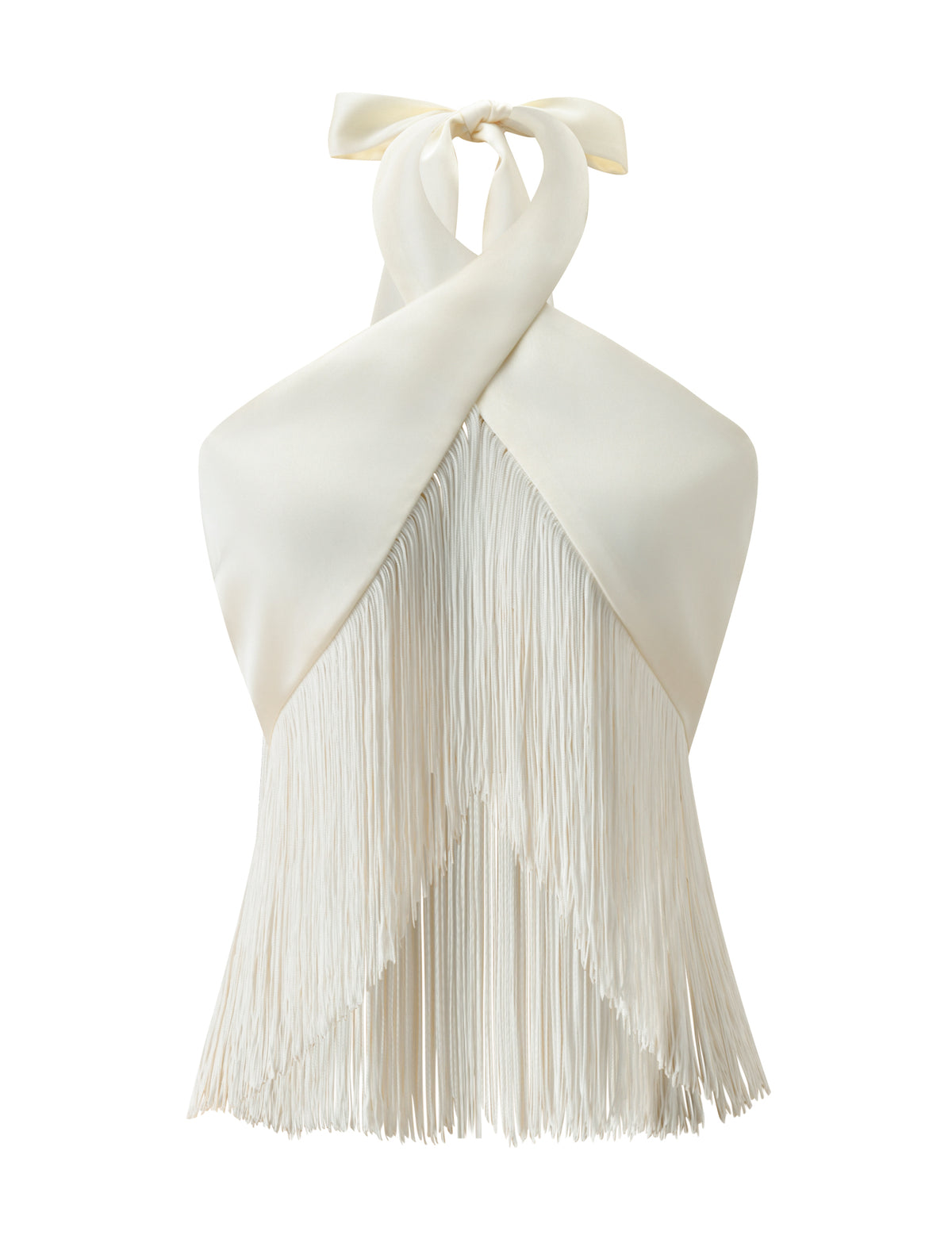 ALINDA TOP - CREAM halter top in a cropped length, featuring a criss-cross wrap neckline and long fringe trim.