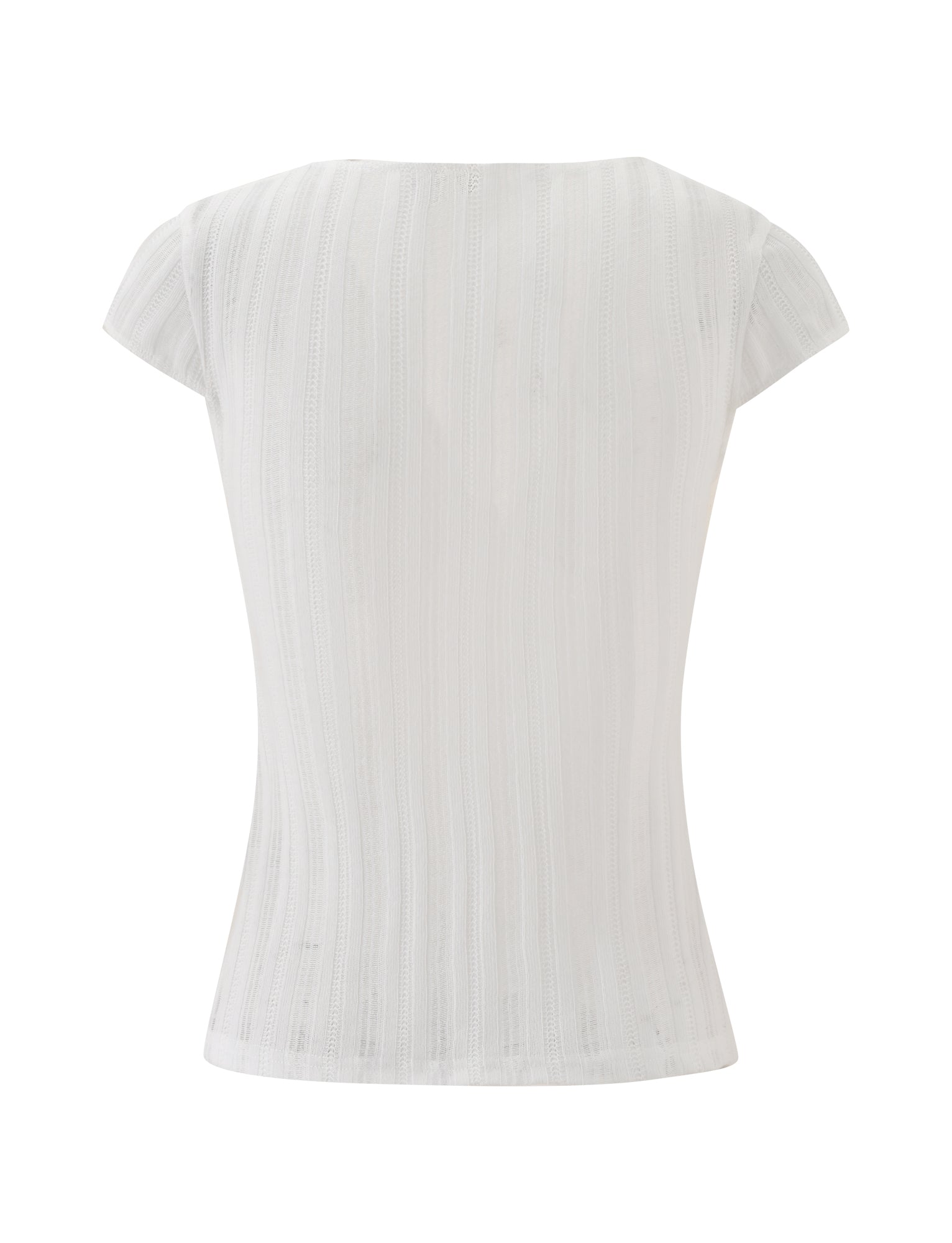 Back view of the LONA TOP - WHITE by TIGERMIST, a plain white, short-sleeved ribbed knit top. This shirt showcases a subtle vertical stripe texture reminiscent of a striped cap sleeve top and features a simple, fitted design with a slightly curved hem. Set against a plain white background.