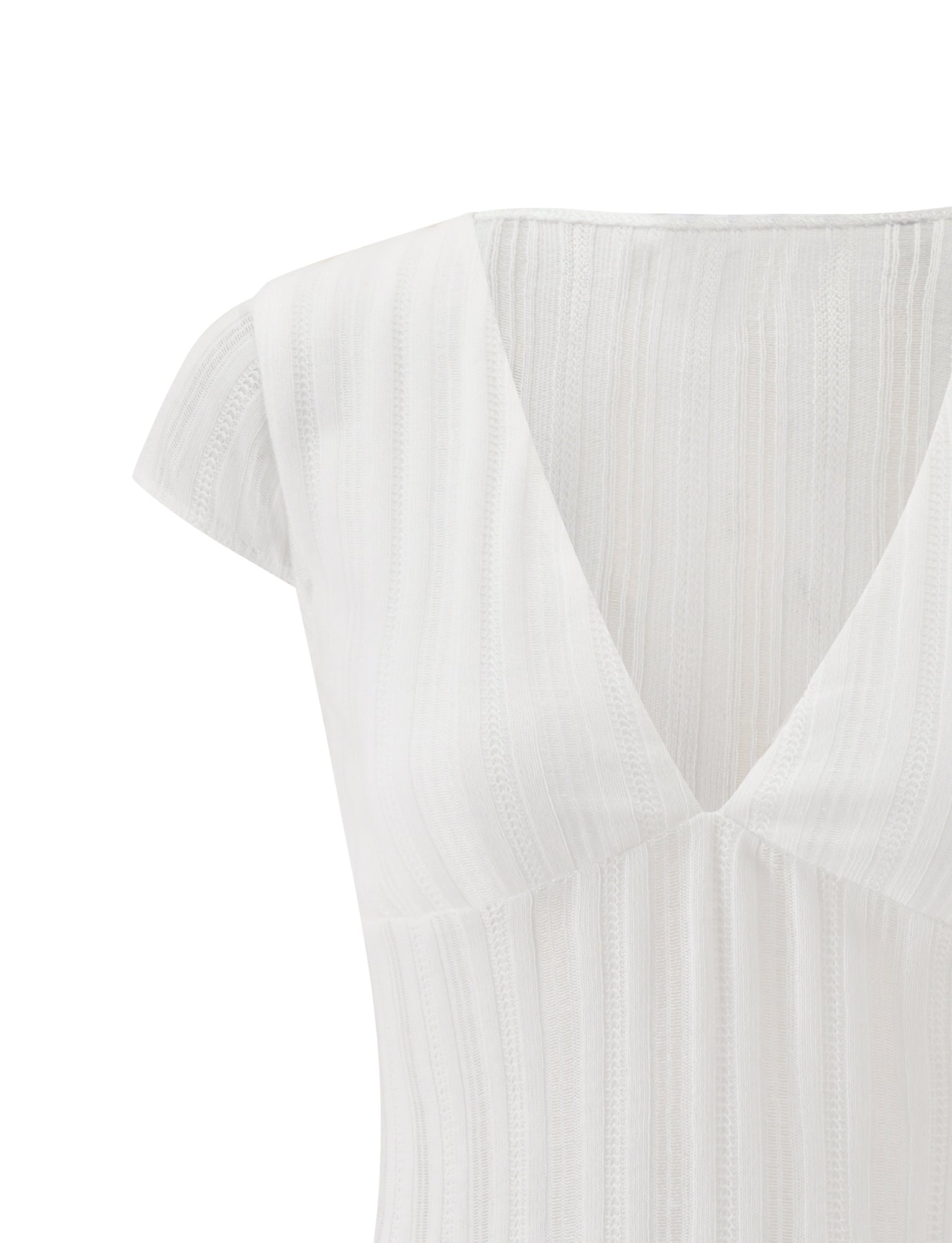 Close-up of the TIGERMIST LONA TOP in white, featuring a textured V neck design with short sleeves and subtle vertical stripes. Crafted from a lightweight, semi-sheer material, this blouse offers delicate elegance.