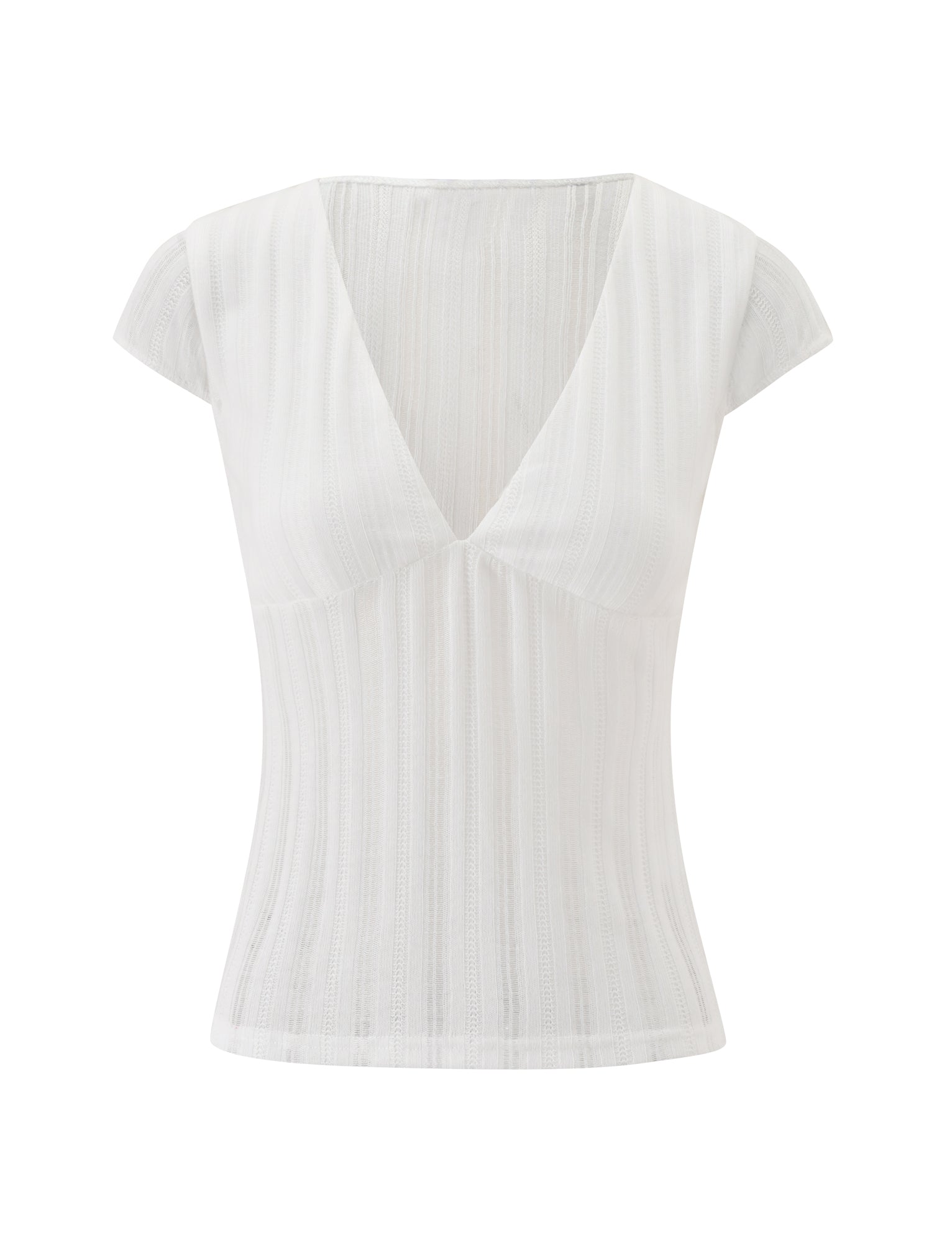 The LONA TOP - WHITE by TIGERMIST is a short-sleeved, white fitted ribbed top featuring a V-neckline and vertical textured lines, shown against a plain white background.