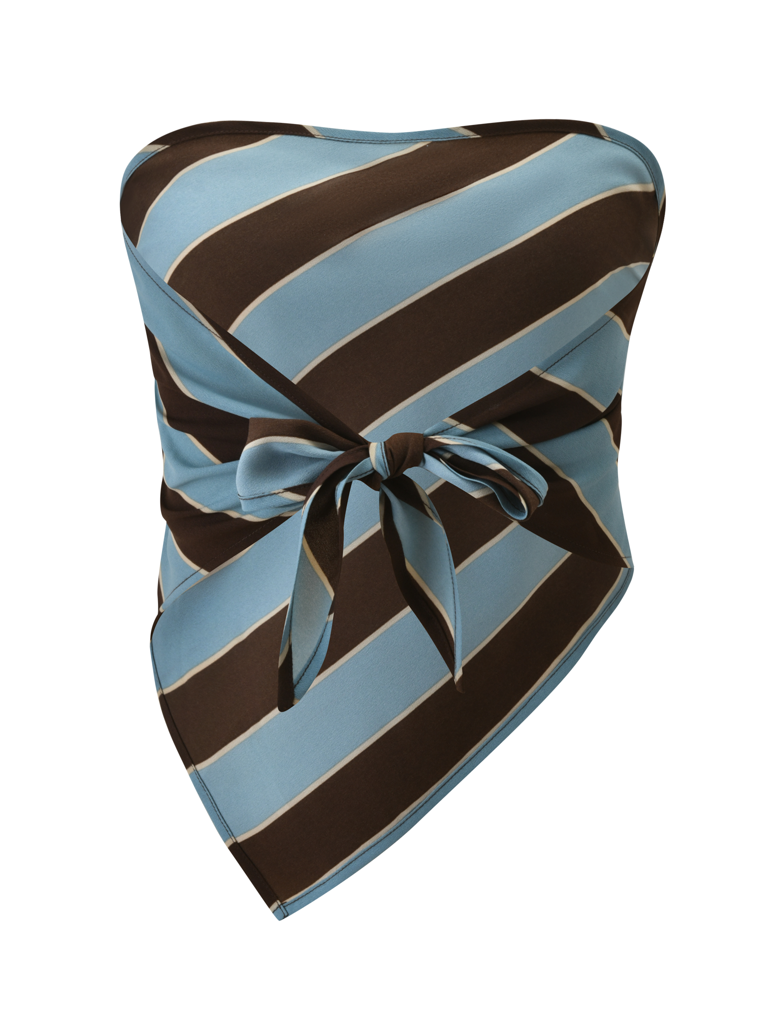 The LENIN SCARF TOP by TIGERMIST is a strapless, asymmetrical vintage top with wide diagonal blue and brown stripes, detailed with a front waist tie.