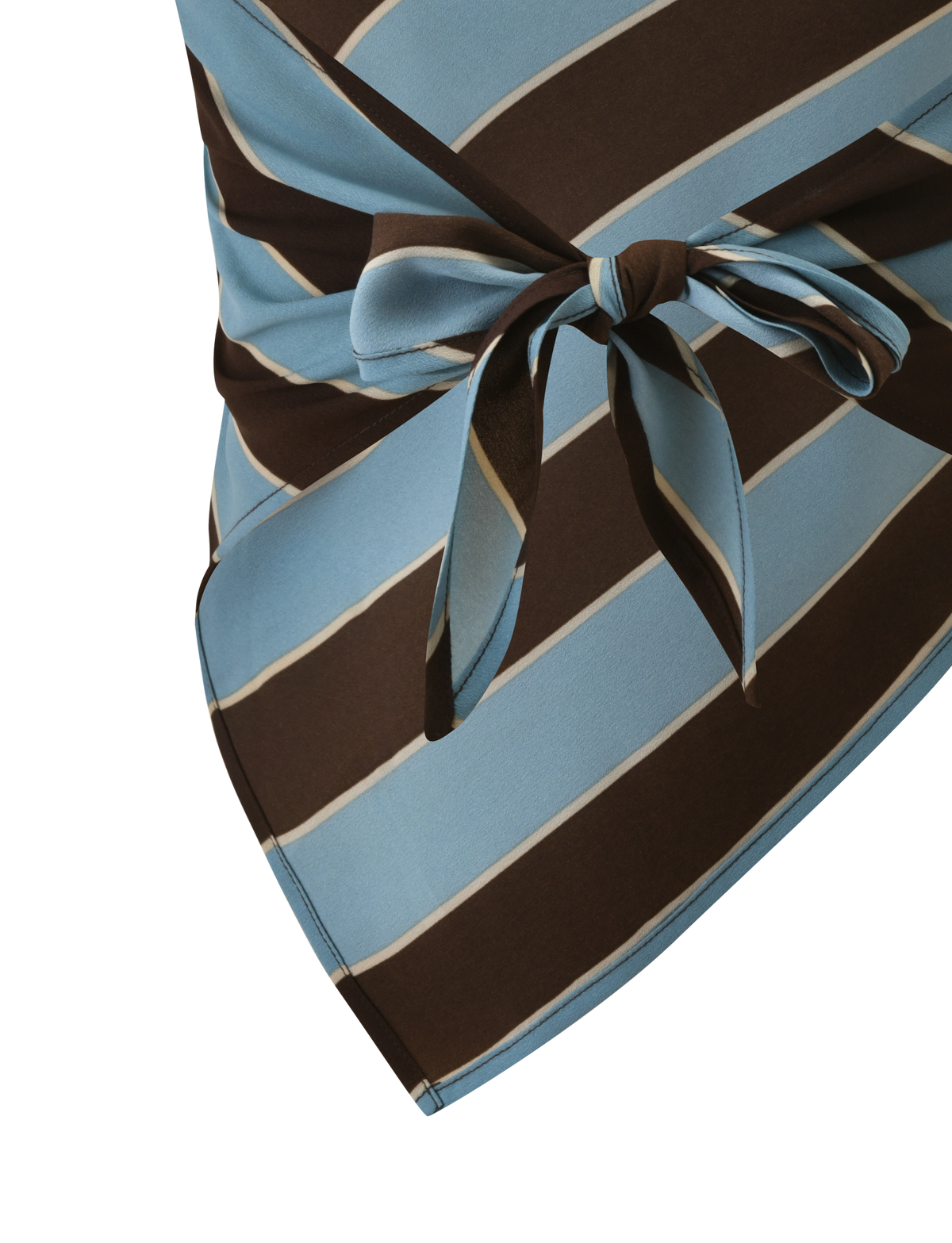Close-up of the TIGERMIST LENIN Scarf Top, showcasing diagonal blue and brown stripes and a front tied knot detail.