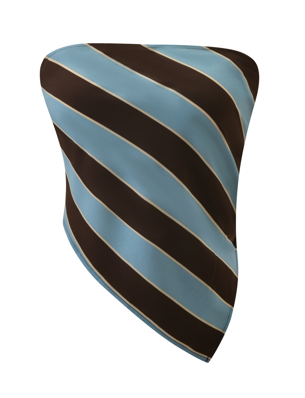 The TIGERMIST LENIN SCARF TOP features a strapless, asymmetrical vintage design with wide brown and light blue diagonal stripes divided by thin white lines, shown on a white background.