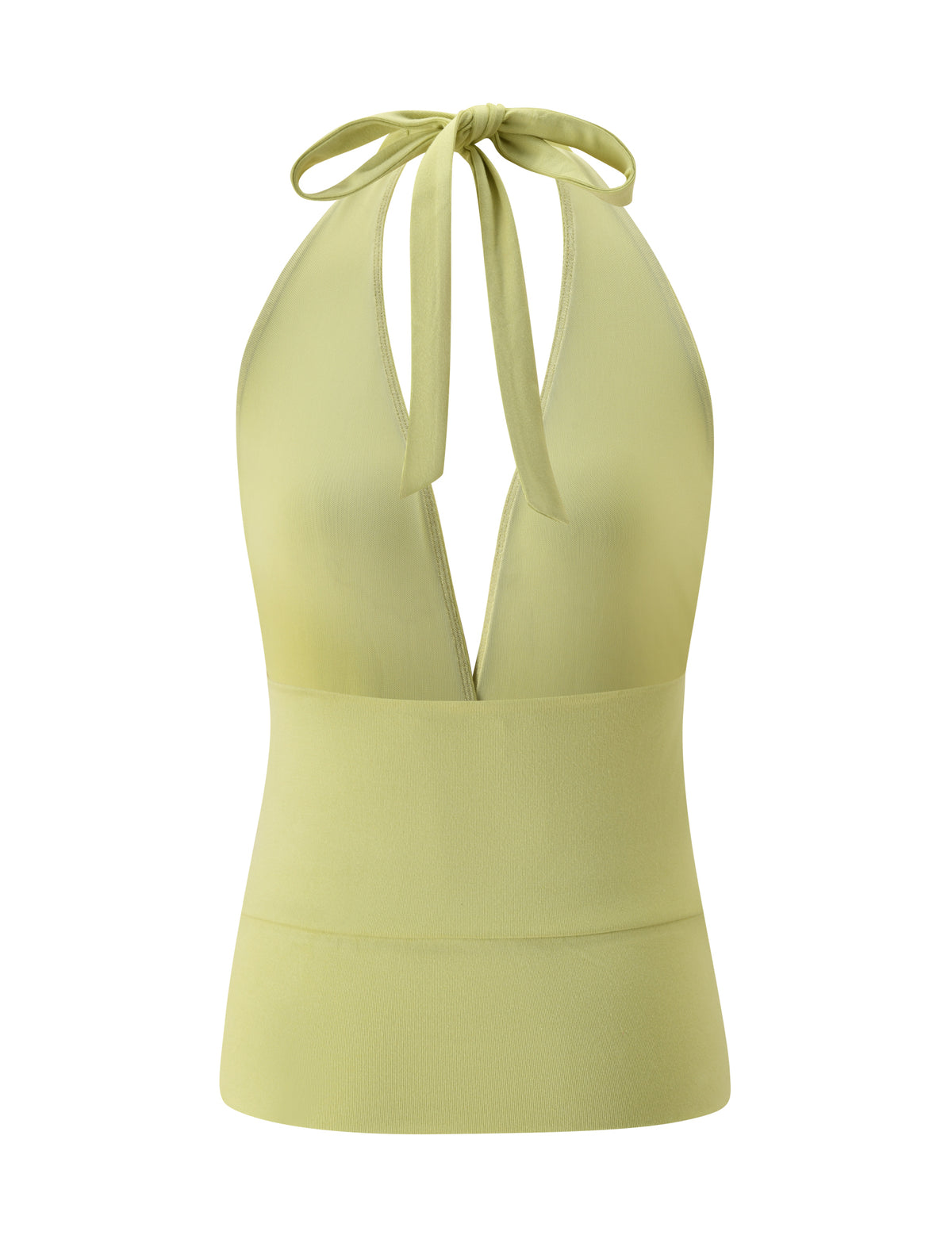 LYDIAH TOP - PISTACHIO halter-neck top with a deep V-neckline and tie closure at the neck.
