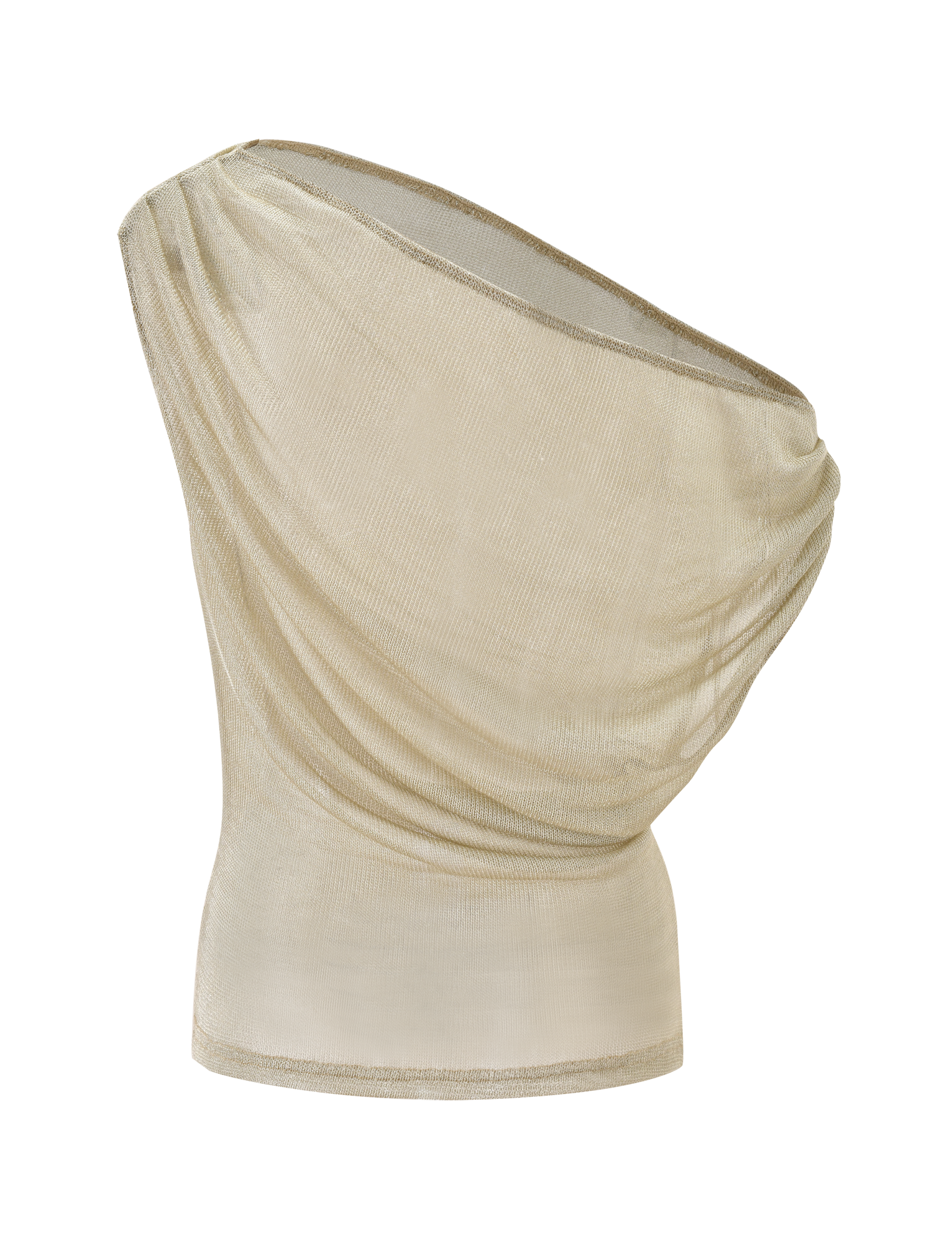 The TIGERMIST CLANCY TOP - GOLD is a sheer, light beige one-shoulder mesh top featuring a draped neckline and fitted waist, shown against a plain white background.