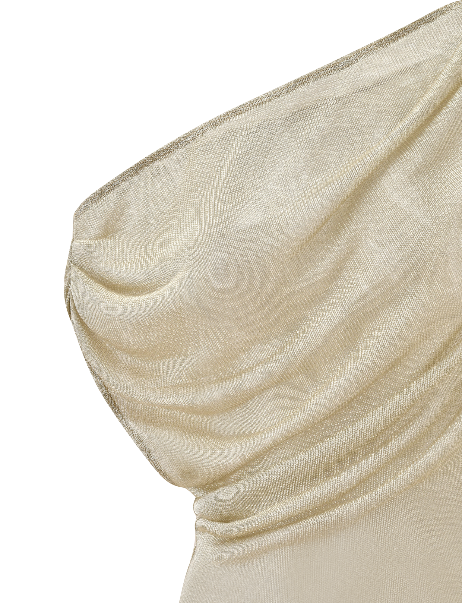 Close-up of the TIGERMIST CLANCY TOP in gold, featuring a one-shoulder design with a draped neckline and ruched fabric. The material's texture and elegant draping stand out against a white background.