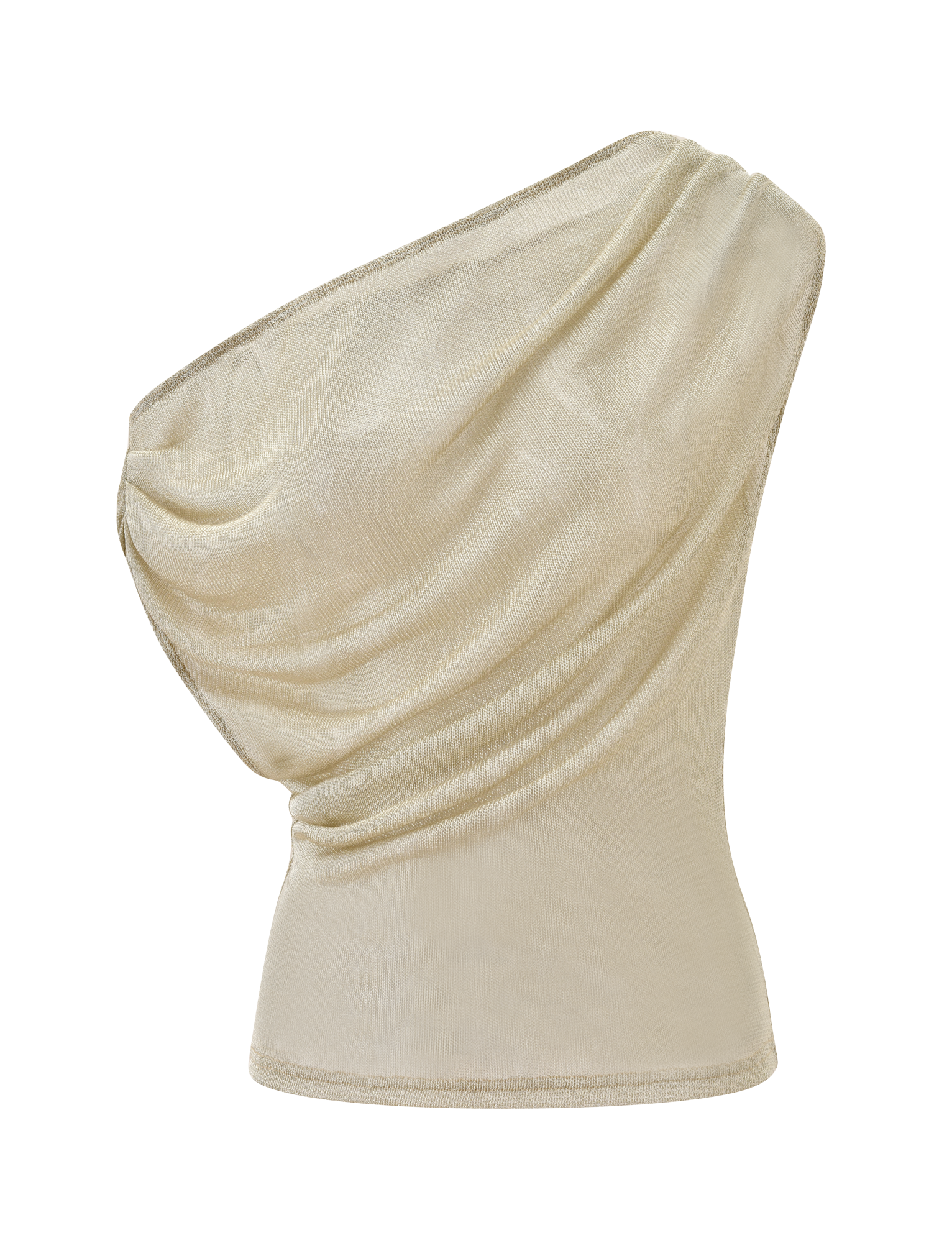 The TIGERMIST CLANCY TOP in gold is a beige, one-shoulder, sleeveless metallic knit top featuring a draped, ruched design and fitted waist, shown against a plain white background.