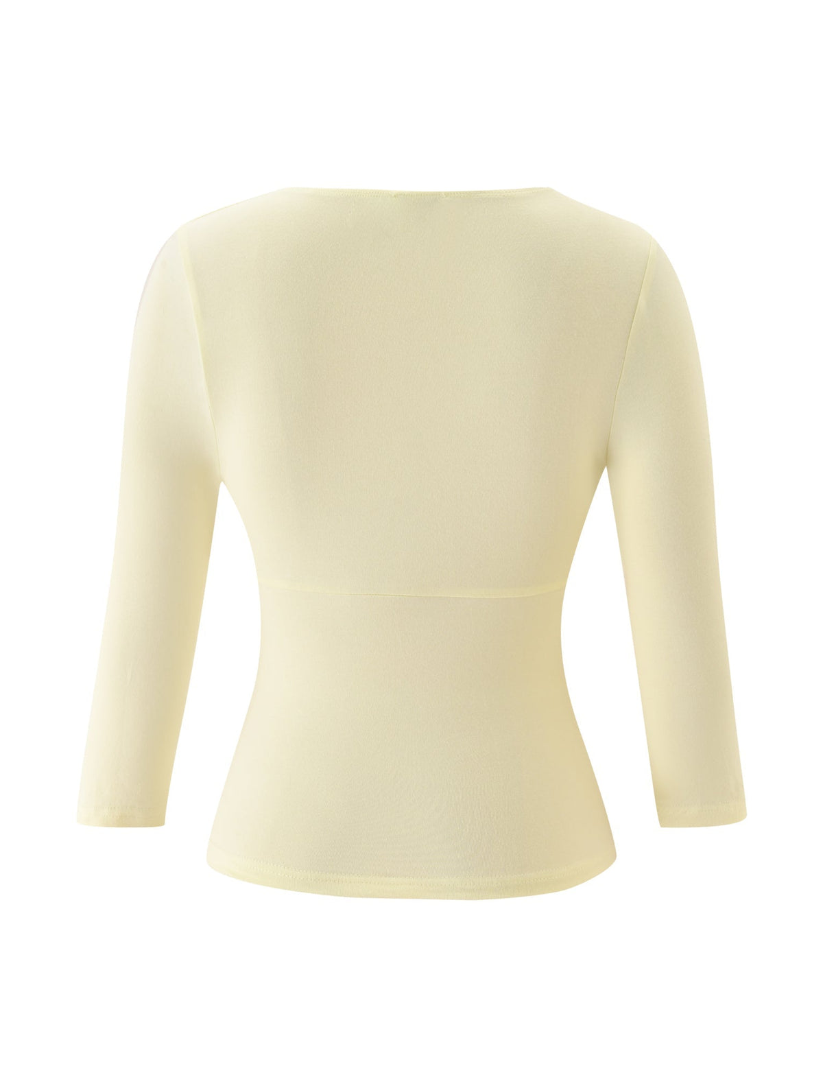 Back view of the SANDI TOP in butter yellow by TIGERMIST—this long-sleeve, fitted top features a round neckline and a slightly flared hem, making it a perfect choice for a chic brunch look.