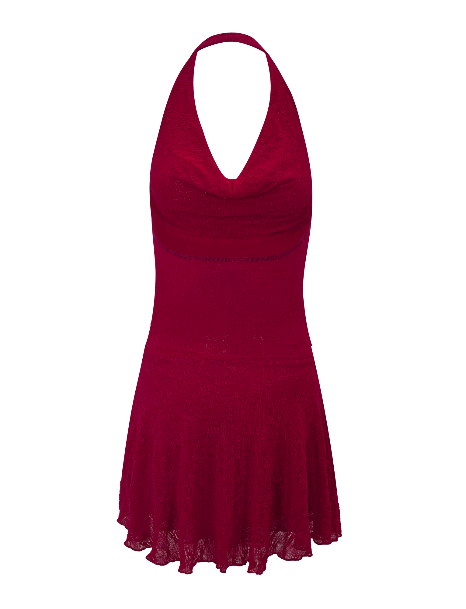 The TIGERMIST FIORELLA DRESS - RED LACE is a sleeveless red halter mini with a fitted bodice, flared skirt, deep V-neckline, and textured semi-sheer lace, shown on a plain white background.