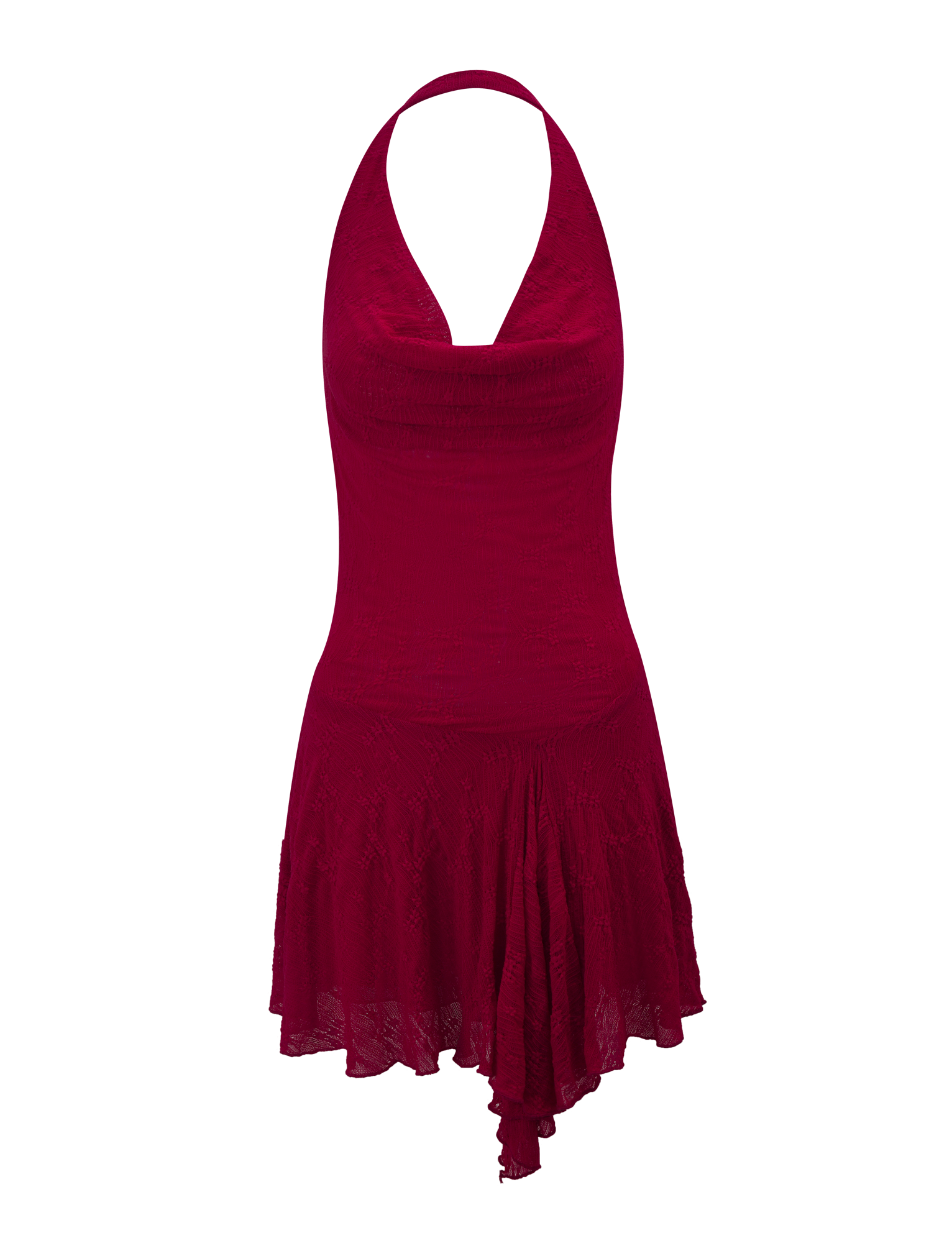 The FIORELLA DRESS - RED LACE by TIGERMIST is a sleeveless halter-neck dress featuring a fitted bodice, asymmetrical handkerchief hemline, and lightweight textured fabric in deep red.