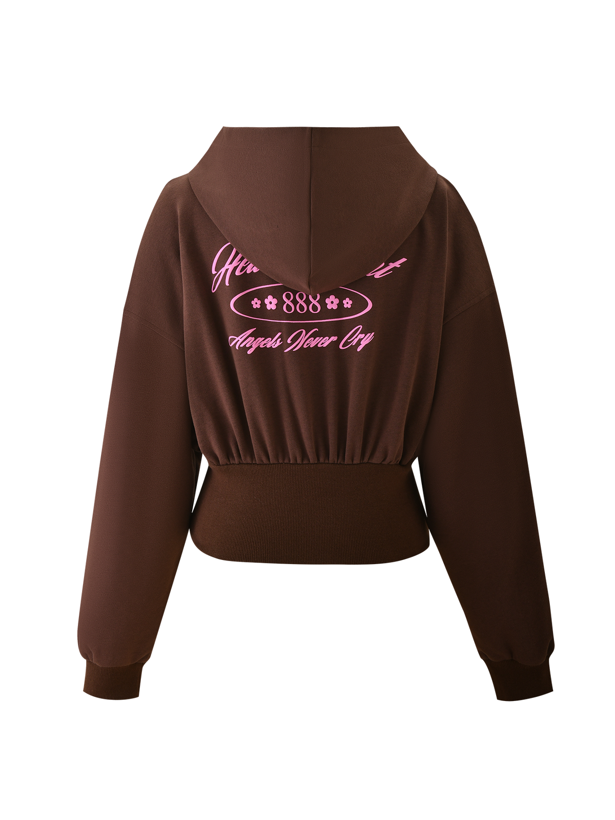 The TIGERMIST MERRYN HOODIE - CHOCOLATE is a brown cropped hoodie with long sleeves, a hood, and pink puff print script and "888 Angel Wear Cry" decorative designs on the back.