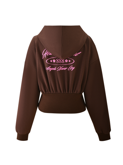 The TIGERMIST MERRYN HOODIE - CHOCOLATE is a brown cropped hoodie with long sleeves, a hood, and pink puff print script and "888 Angel Wear Cry" decorative designs on the back.