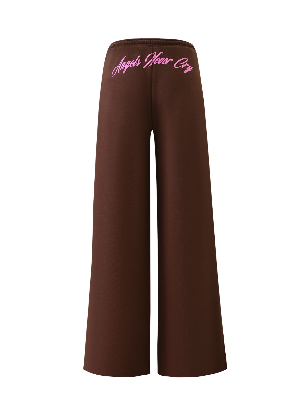 The MERRYN TRACK PANT - CHOCOLATE from TIGERMIST features a wide-leg fit, elastic waistband, and “Angels Never Cry” in pink script on the back—your must-have chocolate tracksuit piece for style and comfort.
