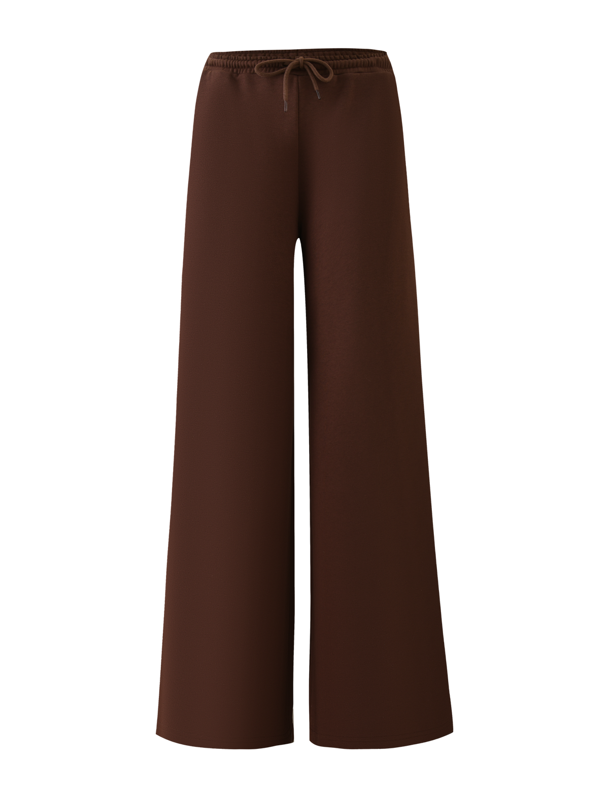 TIGERMIST's MERRYN TRACK PANT in chocolate features a wide leg, elastic waistband with drawstring, and a relaxed fit. Displayed against a white background, these pants have no pockets or embellishments for a clean, minimalist look.