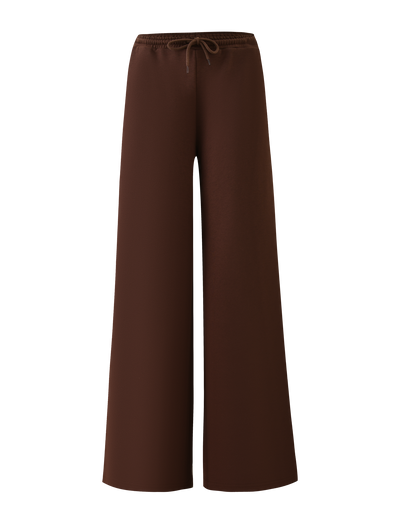 TIGERMIST's MERRYN TRACK PANT in chocolate features a wide leg, elastic waistband with drawstring, and a relaxed fit. Displayed against a white background, these pants have no pockets or embellishments for a clean, minimalist look.
