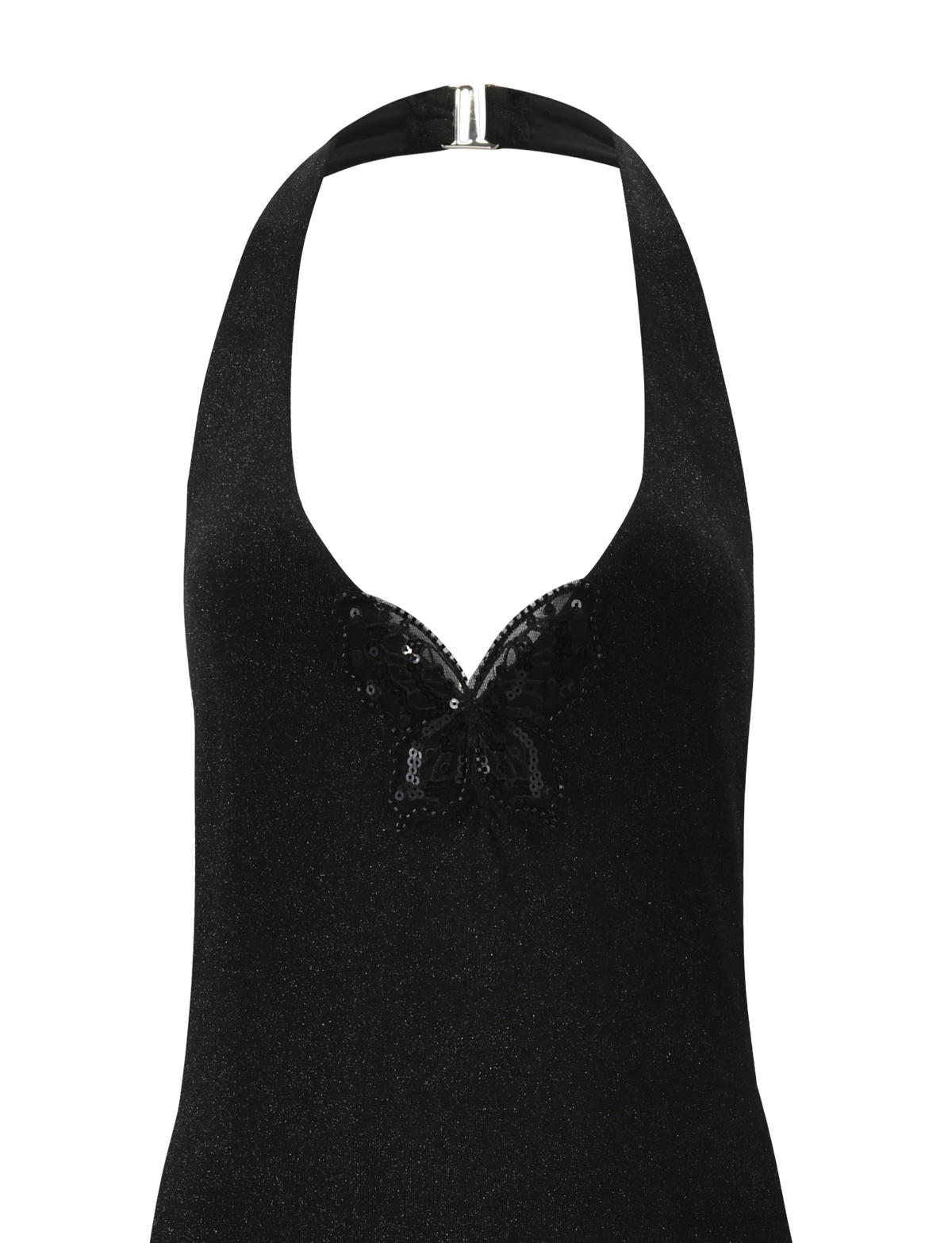 The TIGERMIST ASTORIA MAXI DRESS in black is a sleeveless, bodycon halter dress with a deep neckline, sequin butterfly detail on the chest, and a silver clasp closure at the neck.