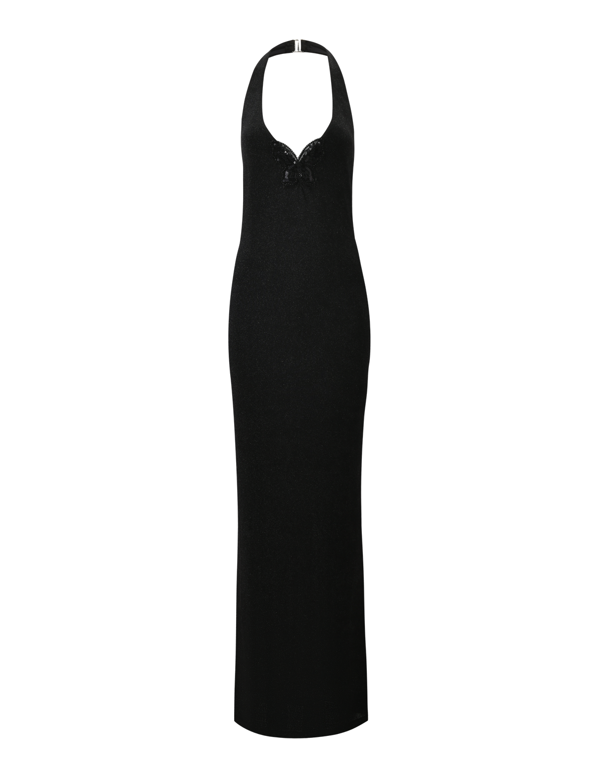 The TIGERMIST ASTORIA MAXI DRESS in black is a sleeveless, floor-length glitter dress with a halter neck, deep neckline, and small chest bow detail, shown on a plain white background.