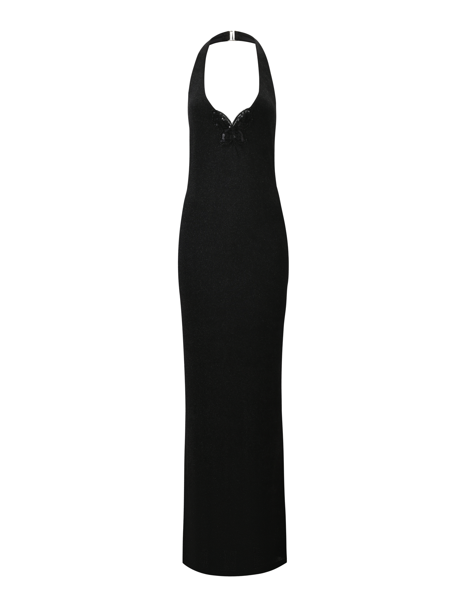 The TIGERMIST ASTORIA MAXI DRESS in black is a sleeveless, floor-length glitter dress with a halter neck, deep neckline, and small chest bow detail, shown on a plain white background.