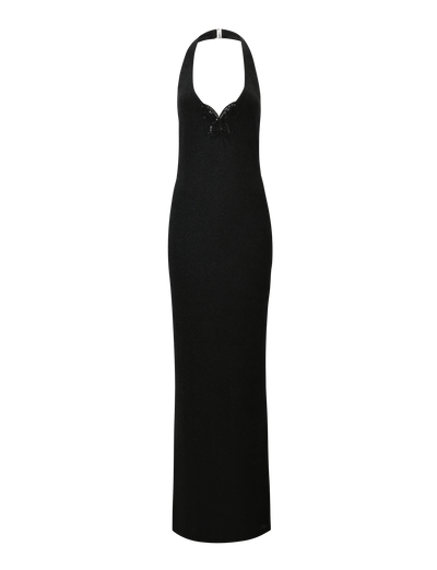 The TIGERMIST ASTORIA MAXI DRESS in black is a sleeveless, floor-length glitter dress with a halter neck, deep neckline, and small chest bow detail, shown on a plain white background.